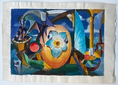 Cubist Surreal Still Life With Flower Fruit Basket And Architectural Columns