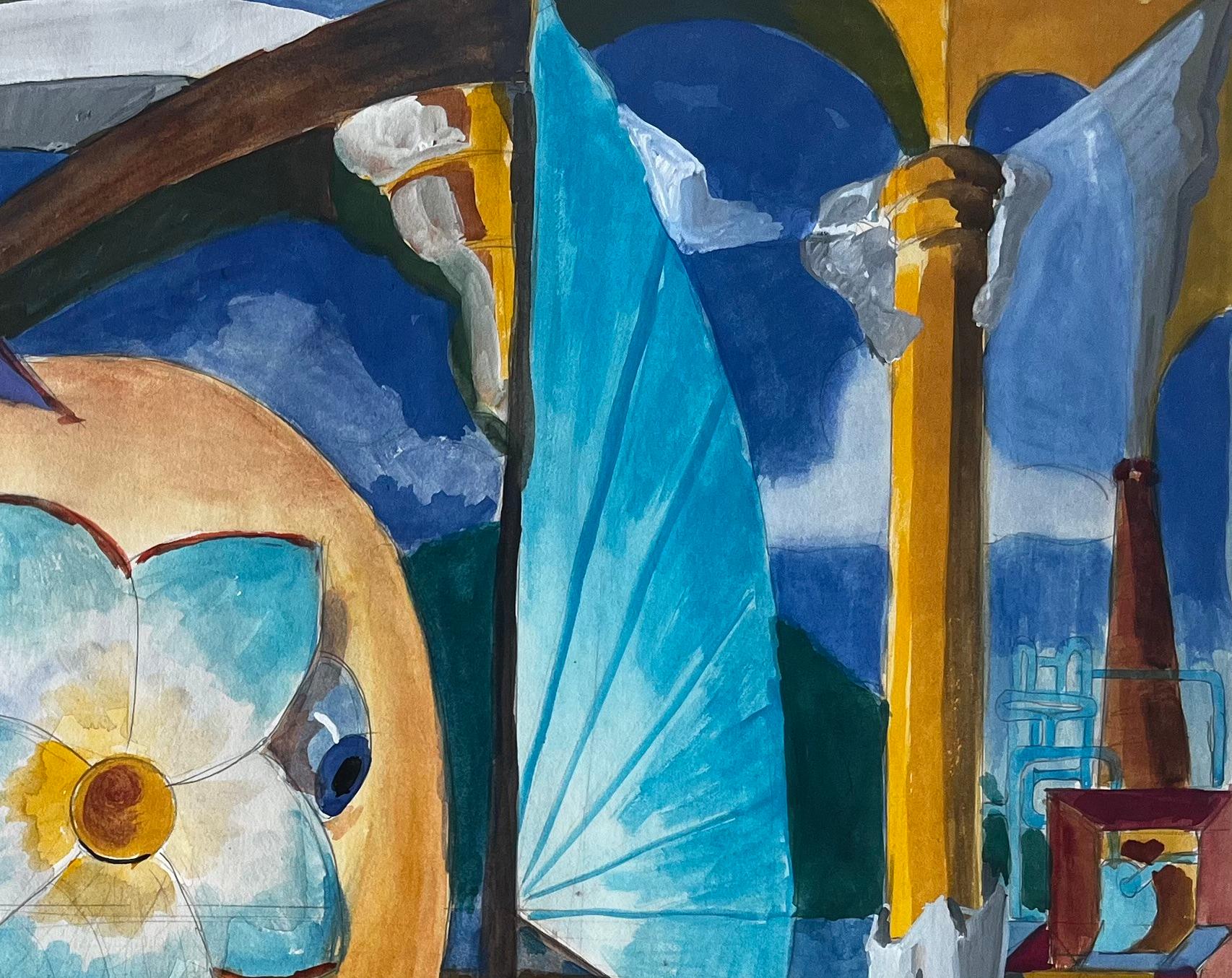 Title: Cubist Surreal Still Life With Flower Fruit Basket And Architectural Columns
Guy Nicod (French 1923 - 2021) 
Gouache on artist paper, unframed
Size: 18.75 x 26.25 inches (height x width)
Provenance: Artists estate, France
Condition: fair with