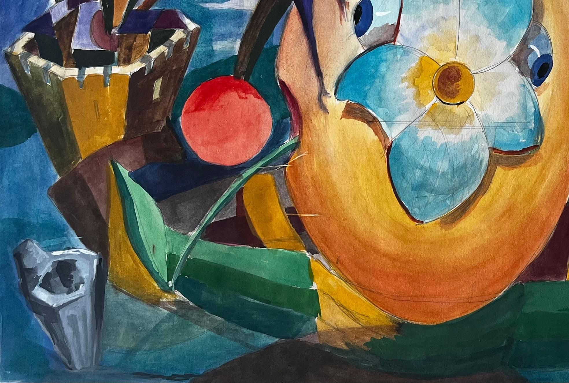 Cubist Surreal Still Life With Flower Fruit Basket And Architectural Columns - Blue Landscape Art by Guy Nicod