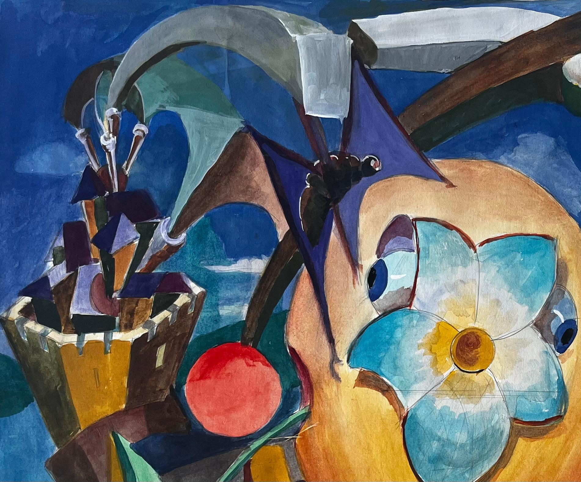 Cubist Surreal Still Life With Flower Fruit Basket And Architectural Columns For Sale 1