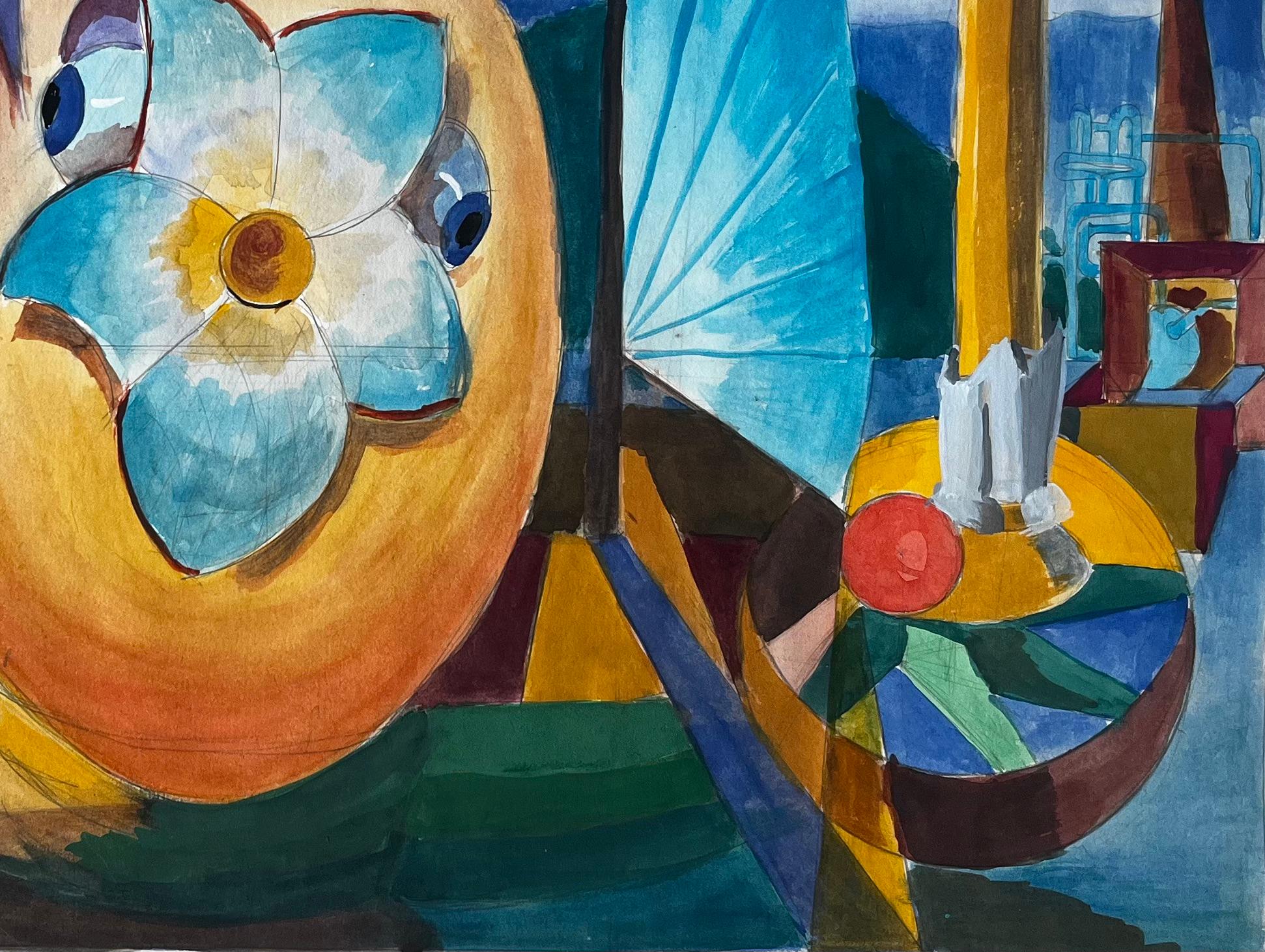 Cubist Surreal Still Life With Flower Fruit Basket And Architectural Columns - Modern Art by Guy Nicod