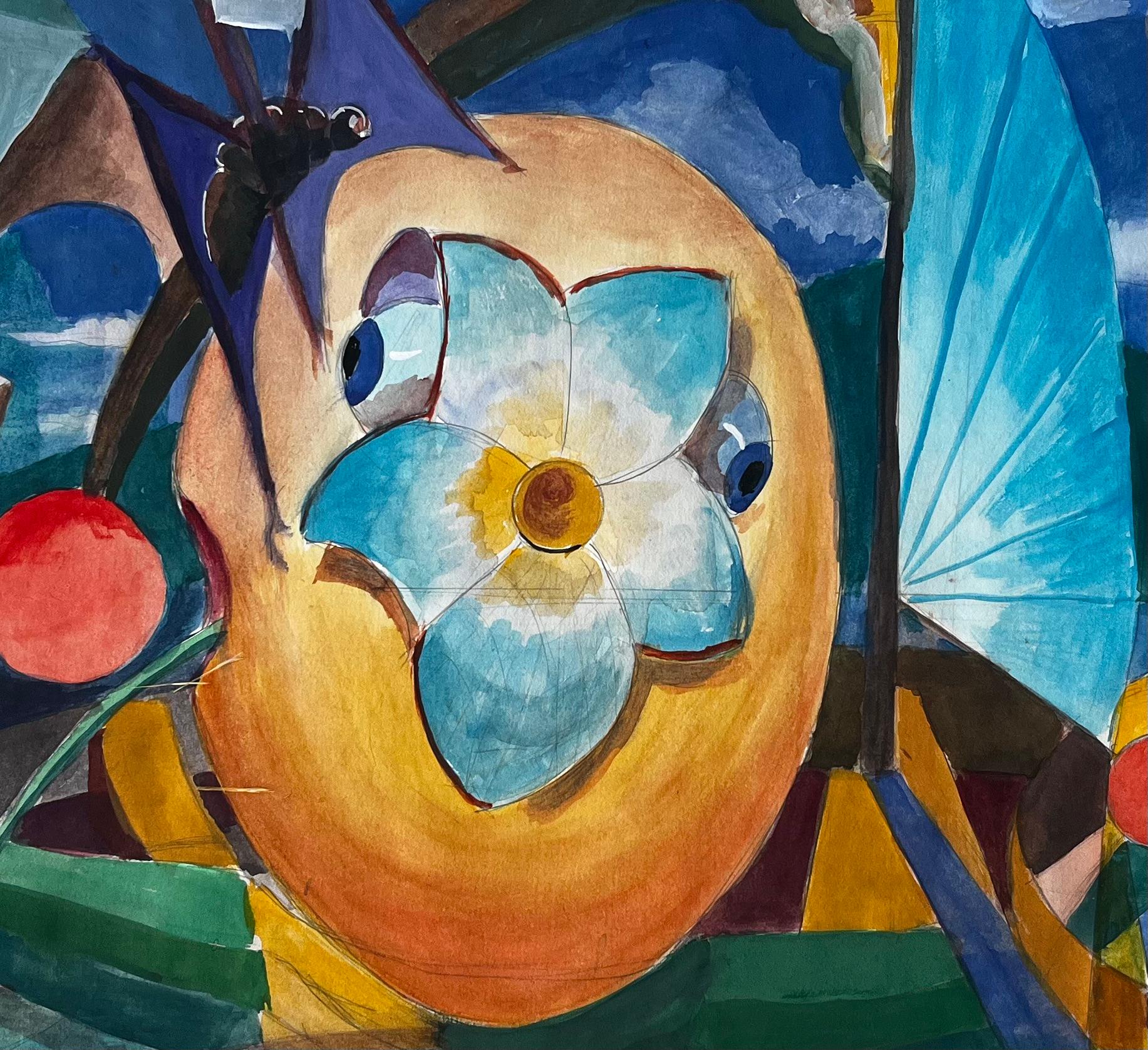 Cubist Surreal Still Life With Flower Fruit Basket And Architectural Columns For Sale 2