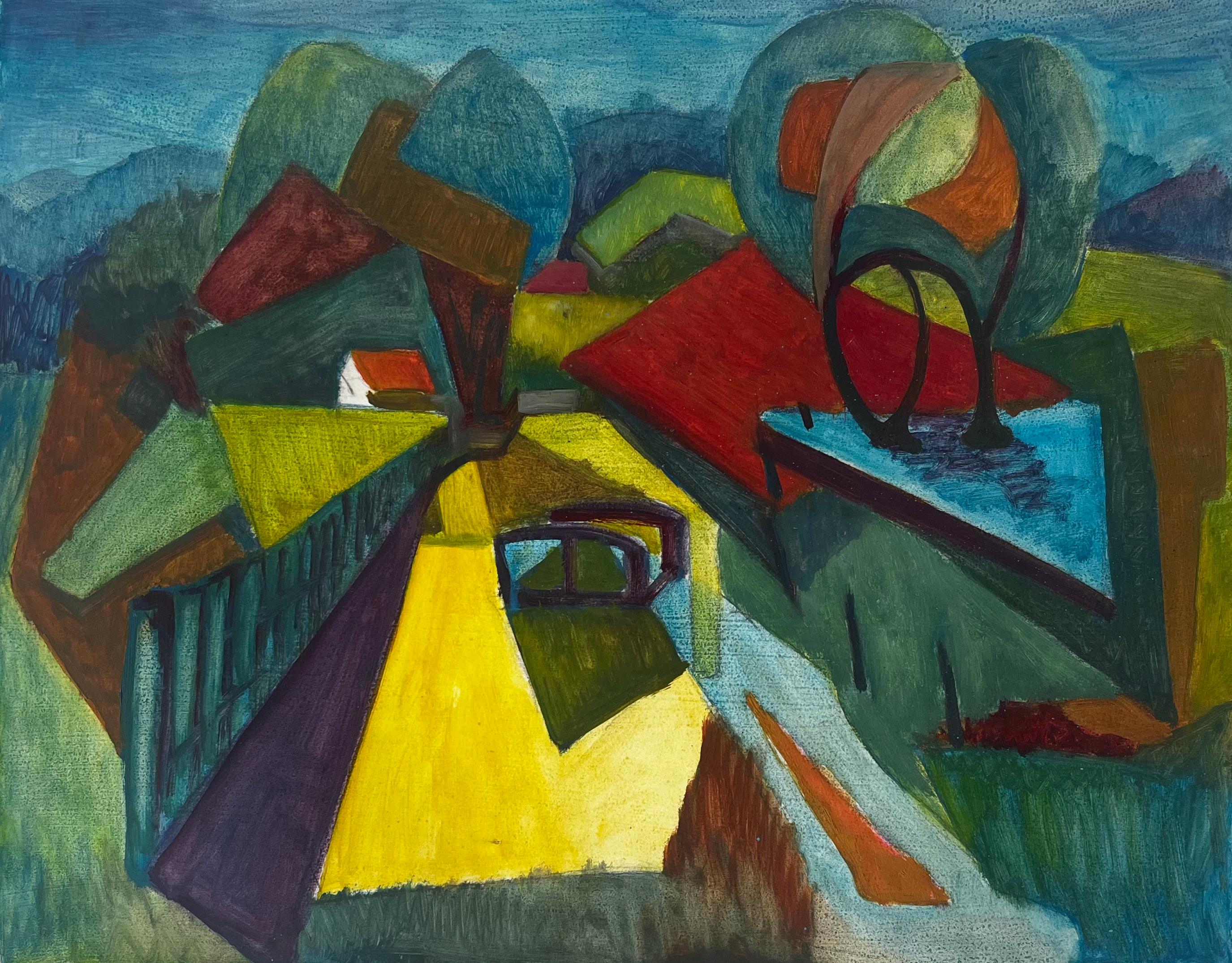 Paesaggio cubista di campagna francese con case, alberi e ponte modernista