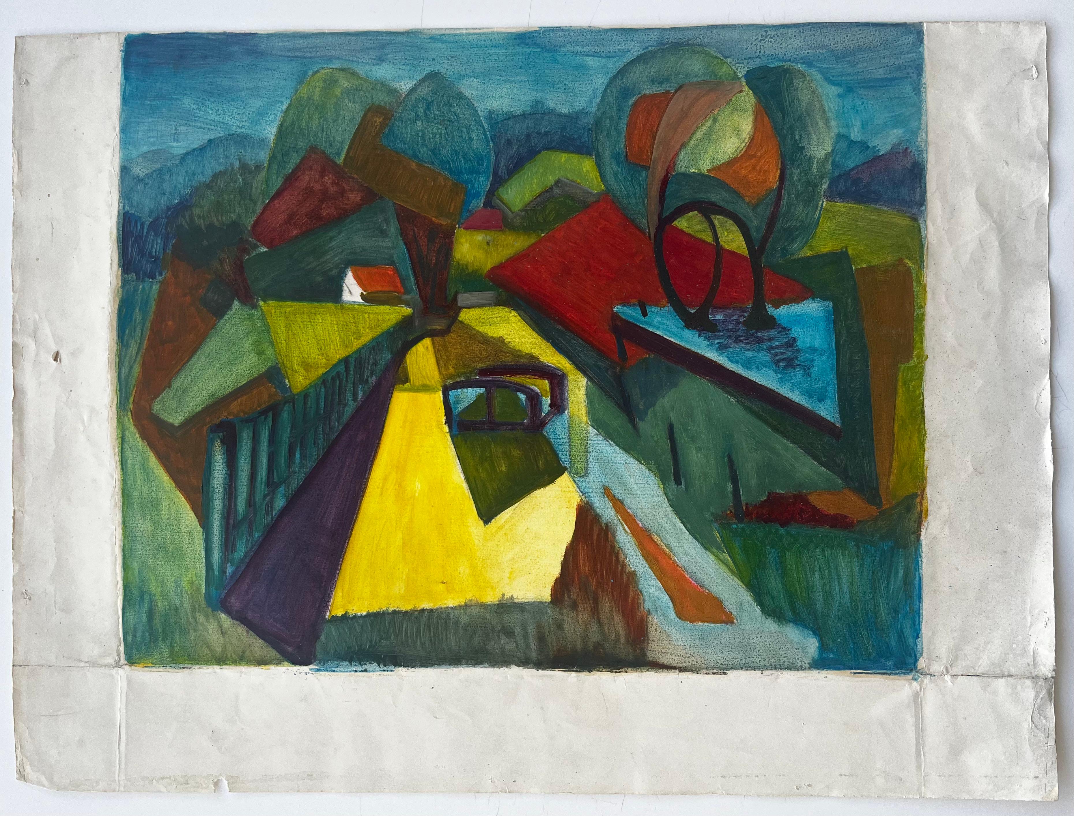 Paisaje Cubista Campiña Francesa Con Casas Árboles Y Puente Modernista - Art de Guy Nicod