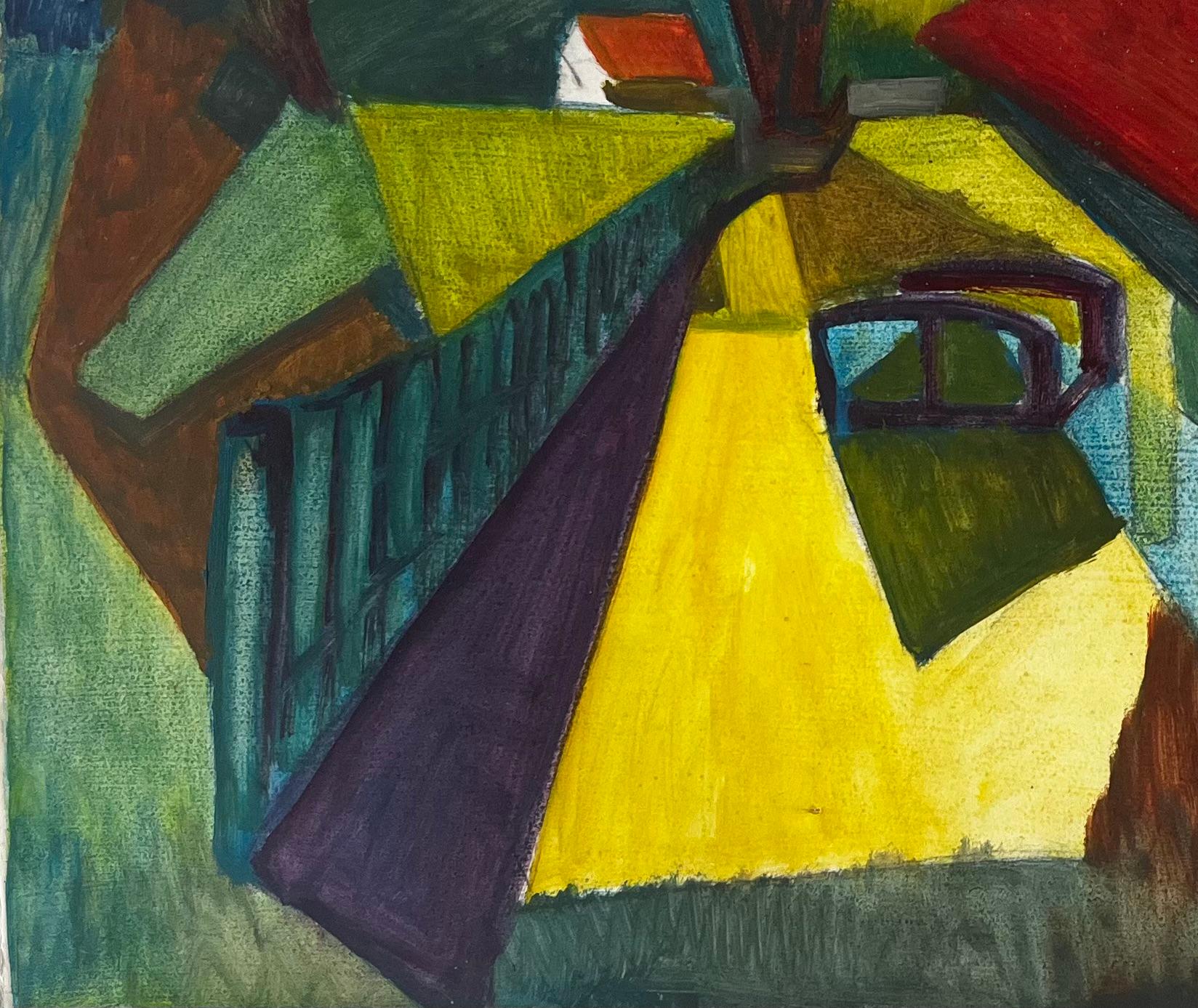 Título: Paisaje Cubista Campiña Francesa Con Casas Árboles Y Puente Modernista
Guy Nicod (francés 1923 - 2021) 
Aguada sobre papel de artista, sin enmarcar
Tamaño: 19,25 x 25,75 pulgadas (alto x ancho)
Procedencia: Propiedad de artistas,