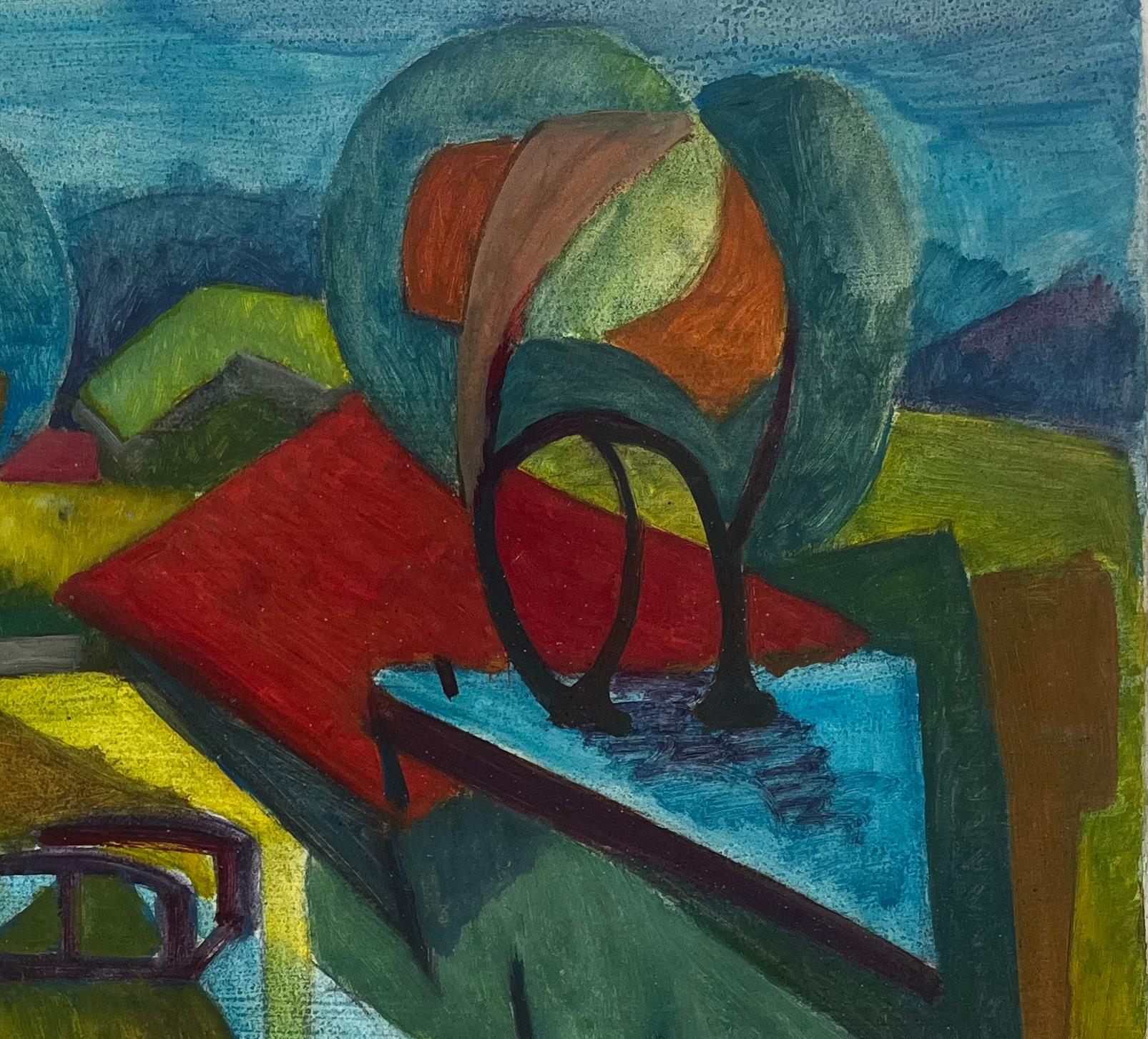 Paisaje Cubista Campiña Francesa Con Casas Árboles Y Puente Modernista - Landscape Art Negro de Guy Nicod