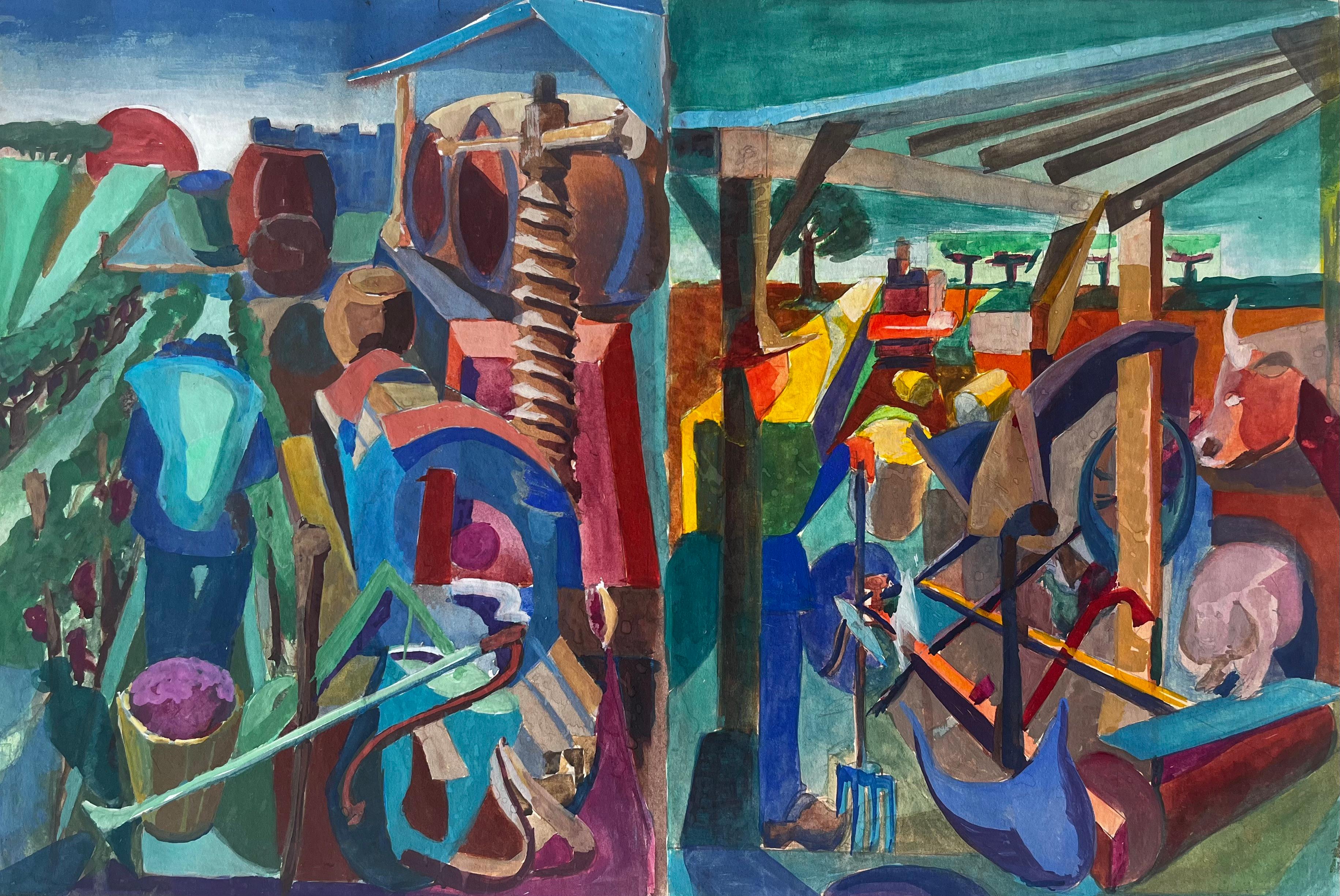 Landscape Art Guy Nicod - Gouache cubiste française Scène de cour de ferme avec animaux, personnages, tonneaux de vin et outils