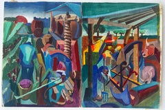 Cubist Gouache French Farmyard Scene With Animals Figures Wine Barrels And Tools