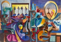 Cubist Artist Studio With Sewing Mannequins Spools Of Thread And Surreal Mirror