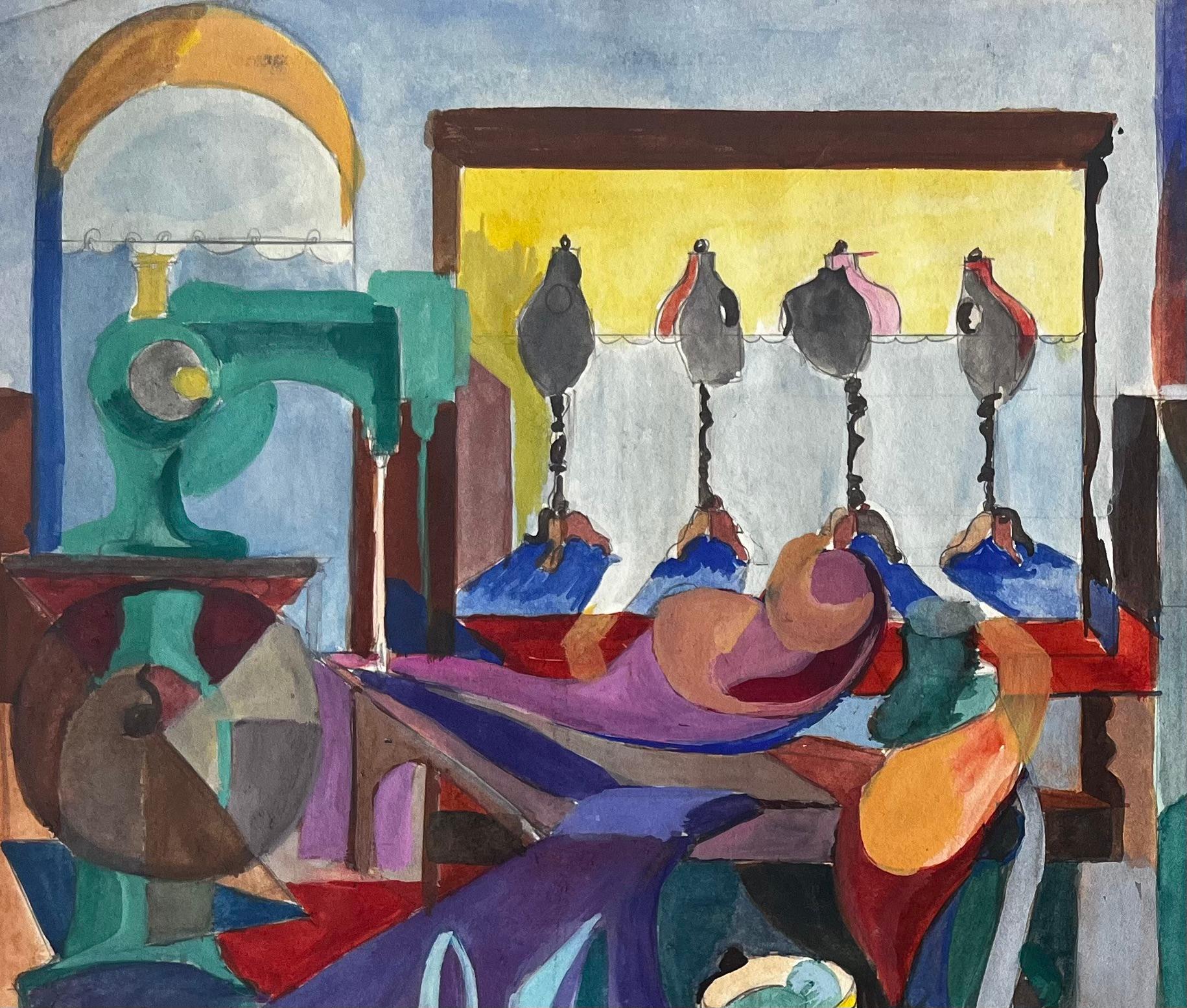 Studio d'artiste cubiste avec mannequins de couture, bobines de fil et miroir surréaliste - Gris Landscape Art par Guy Nicod