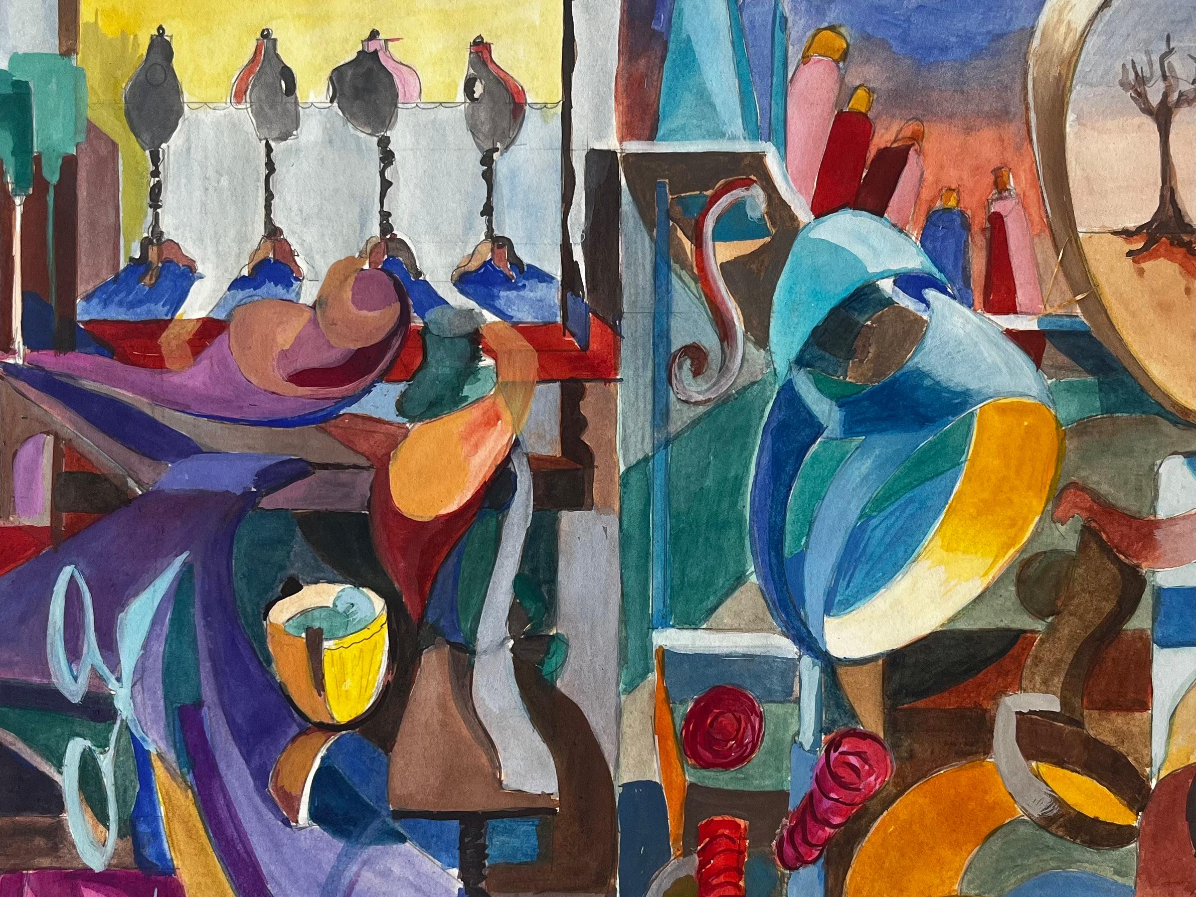 Titre : Studio d'artiste cubiste avec mannequins de couture, bobines de fil et miroir surréaliste
Guy Nicod (français 1923 - 2021) 
Gouache sur papier d'artiste, non encadrée
Taille : 15 x 21,5 pouces (hauteur x largeur)
Provenance : Succession