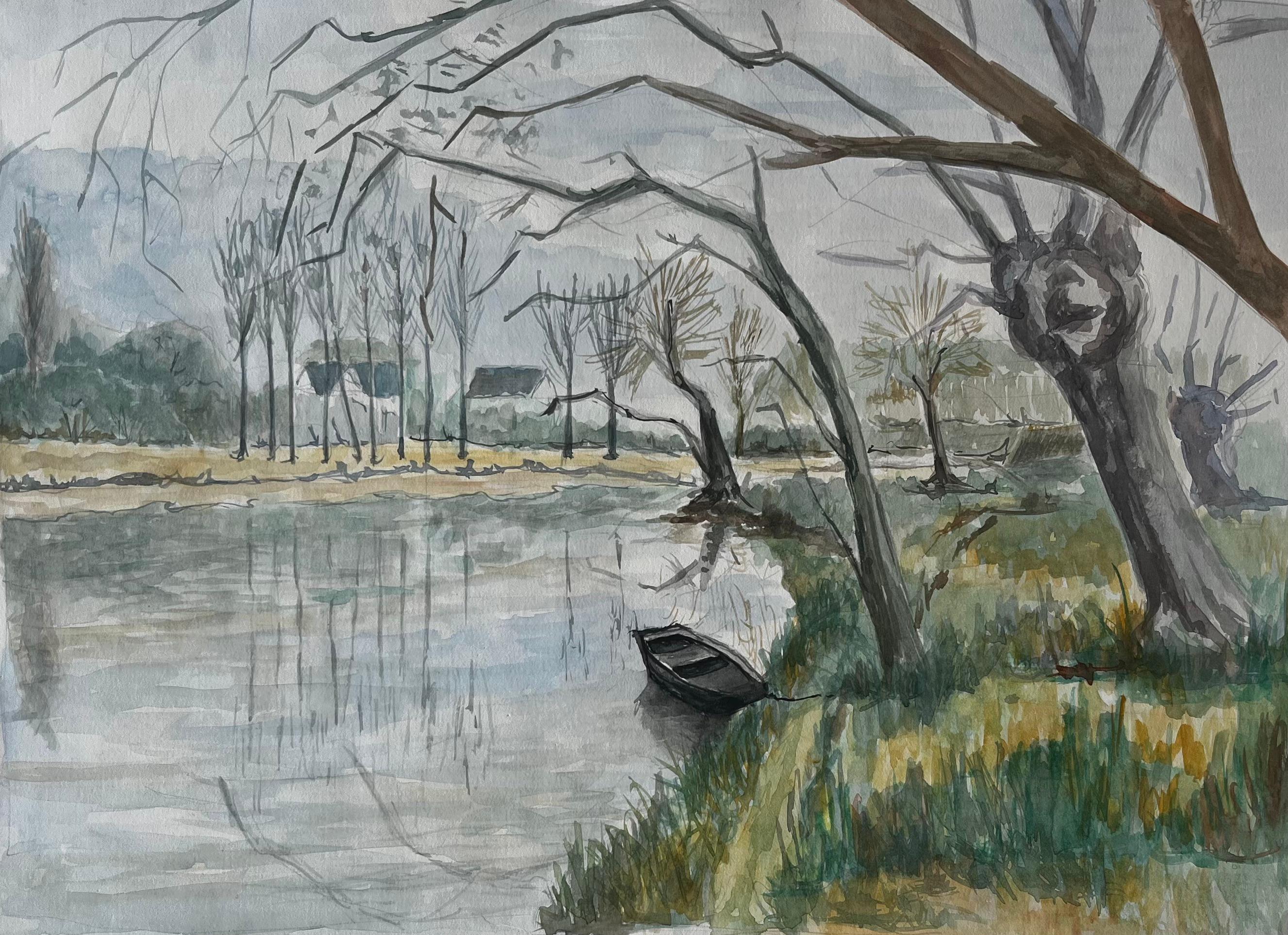 Paysage de rivière française avec arbres dénudés en hiver et bateau à rames Aquarelle