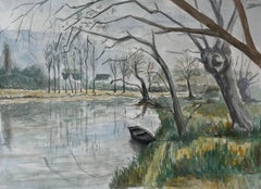 French River Landscape With Bare Winter Trees And Rowing Boat Watercolour