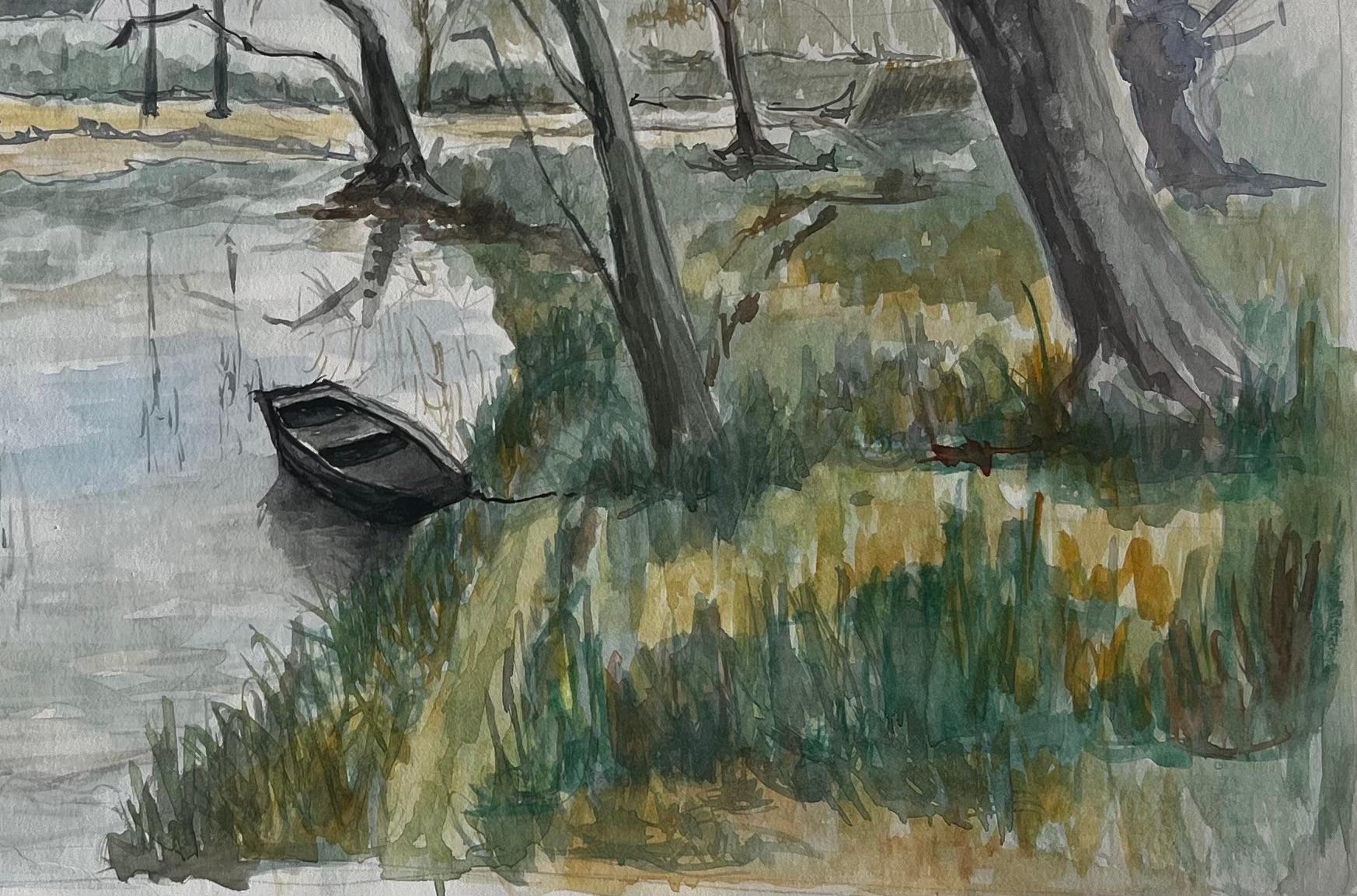 Paesaggio fluviale francese con alberi spogli d'inverno e barca a remi Acquerello - Art di Guy Nicod