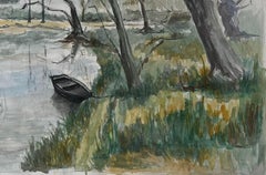 French River Landscape With Bare Winter Trees And Rowing Boat Watercolour