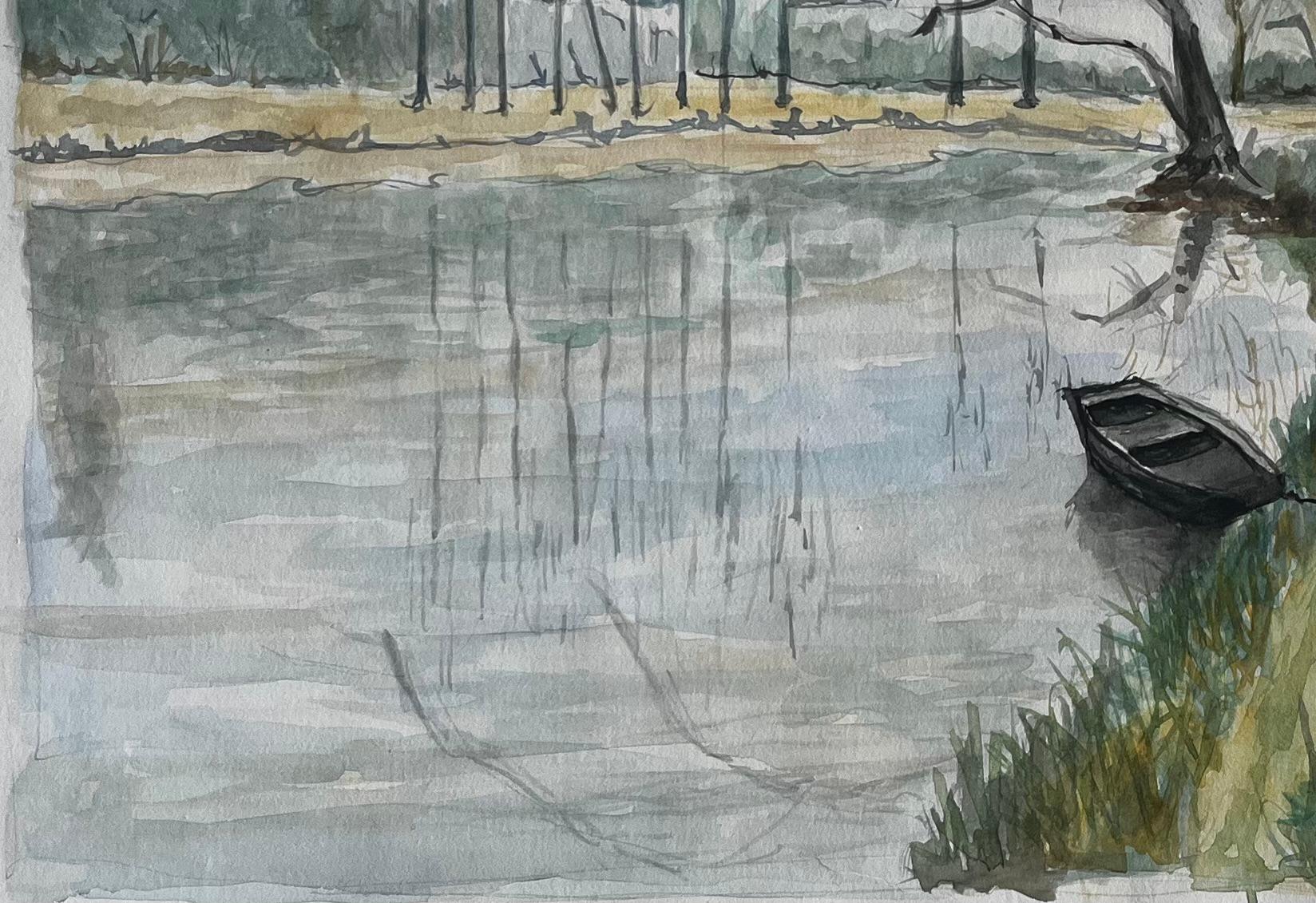 Paesaggio fluviale francese con alberi spogli d'inverno e barca a remi Acquerello - Abstract Drawing Grigio di Guy Nicod