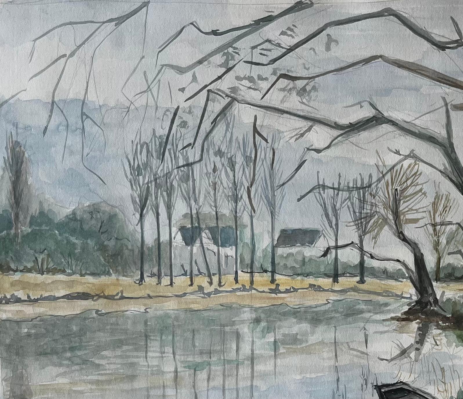 Paesaggio fluviale francese con alberi spogli d'inverno e barca a remi Acquerello in vendita 1