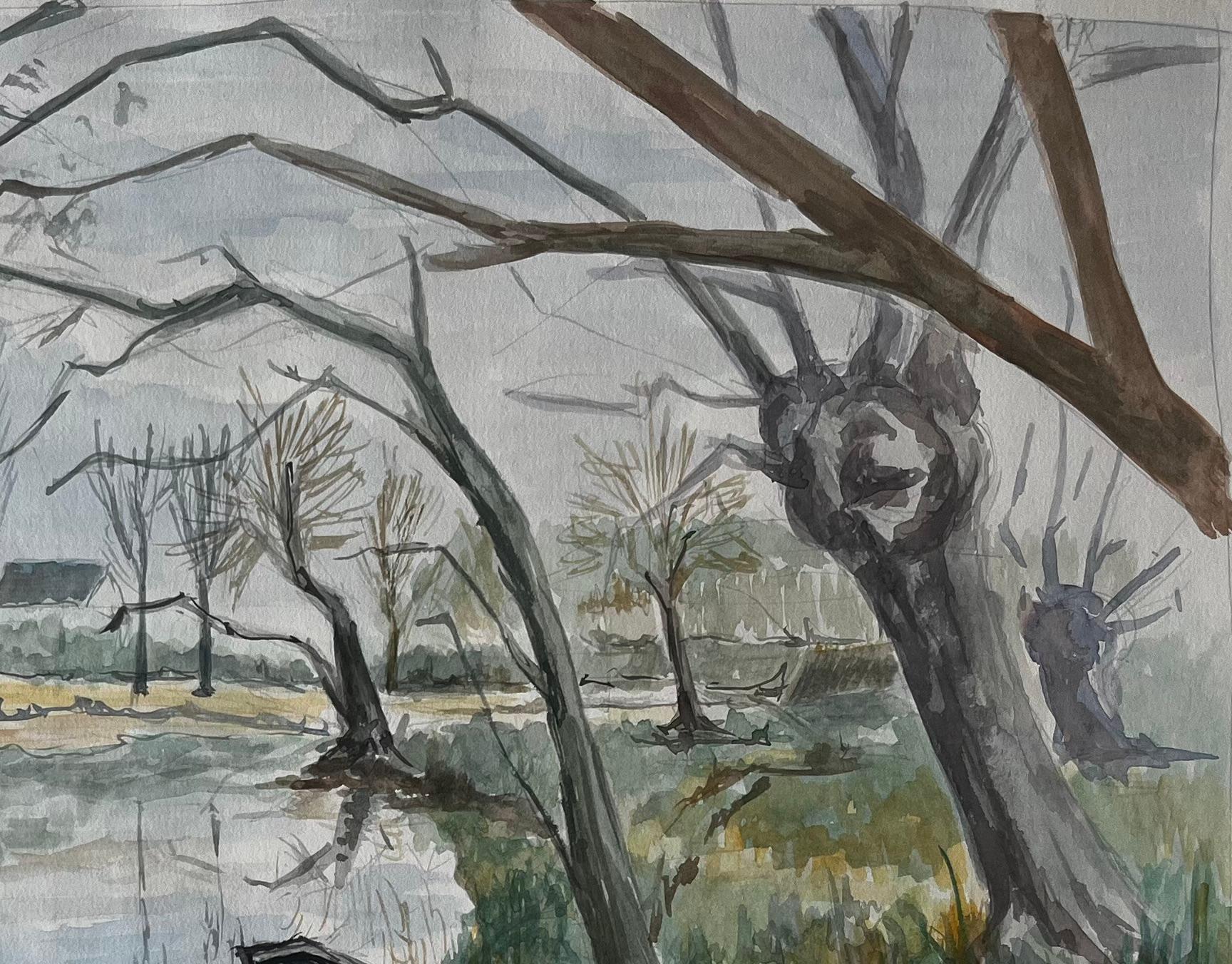 Titolo: Paesaggio fluviale francese con alberi spogli d'inverno e barca a remi Acquerello
Guy Nicod (francese, 1923 - 2021) 
Acquerello su carta d'artista, senza cornice
Dimensioni: 16,25 x 20,5 pollici (altezza x larghezza)
Provenienza: Proprietà