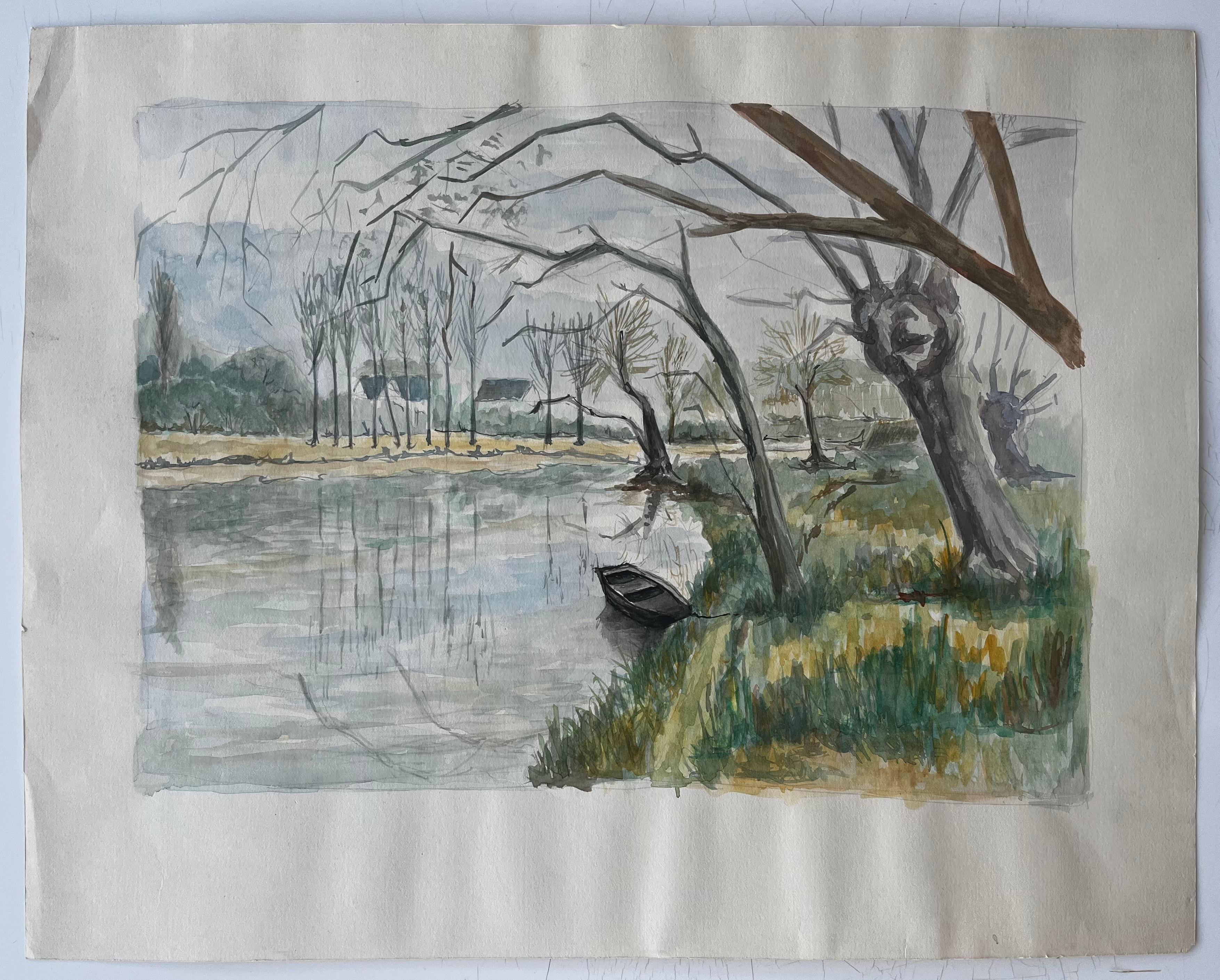 Paesaggio fluviale francese con alberi spogli d'inverno e barca a remi Acquerello - Art Moderno di Guy Nicod