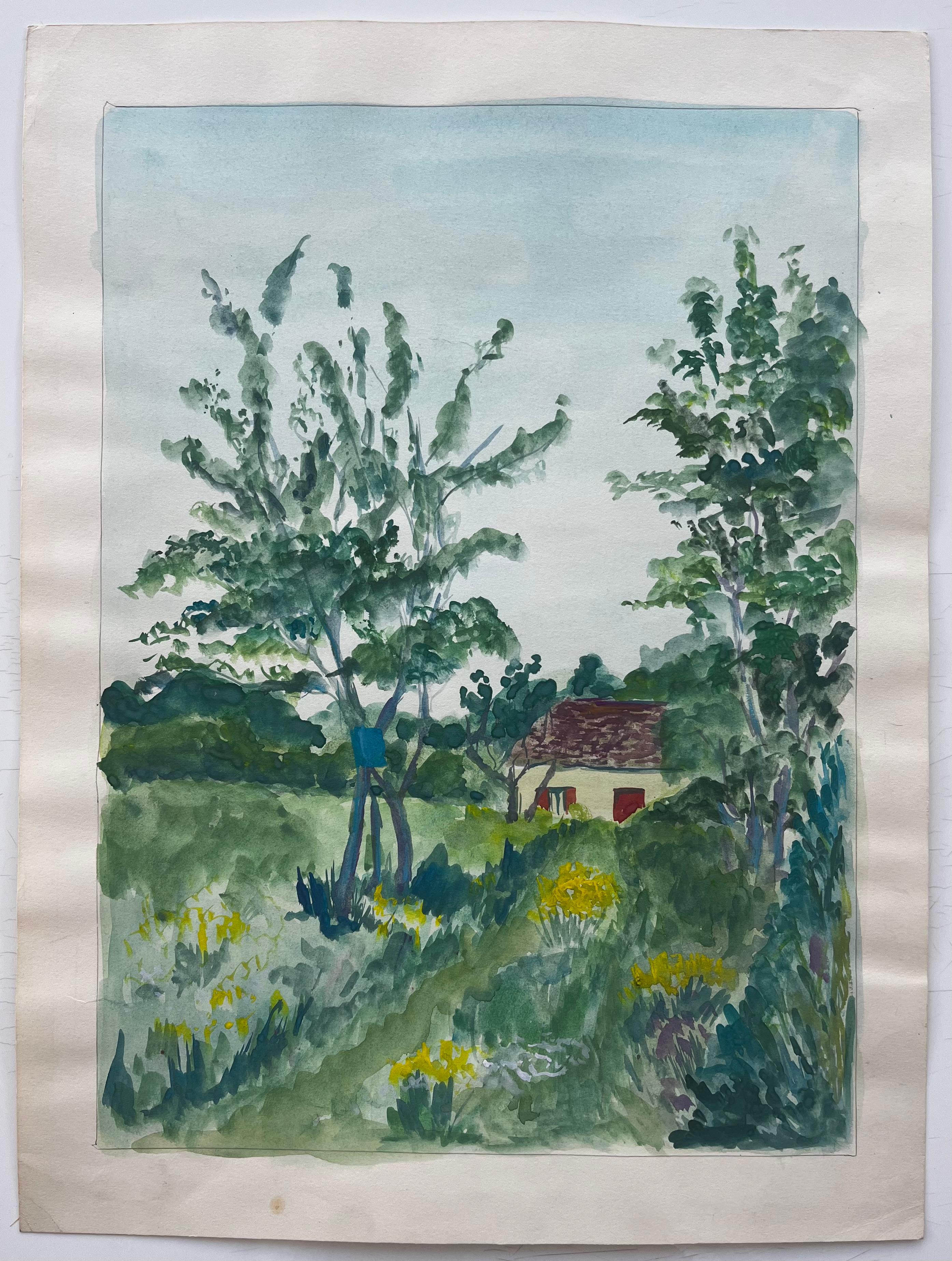 Cottage di campagna francese con alberi e fiori selvatici Paesaggio a guazzo - Art di Guy Nicod