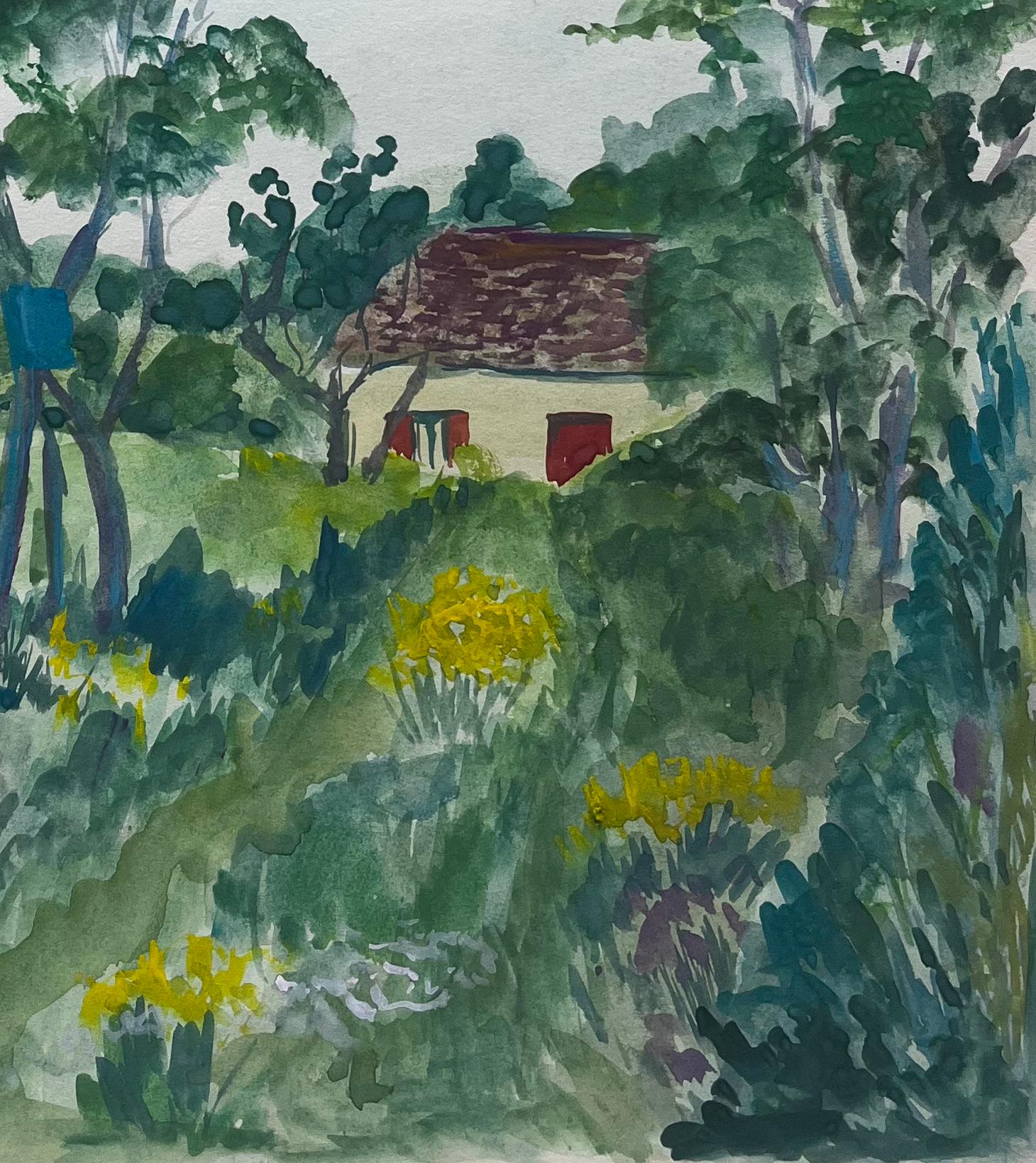 Cottage di campagna francese con alberi e fiori selvatici Paesaggio a guazzo - Landscape Art Grigio di Guy Nicod
