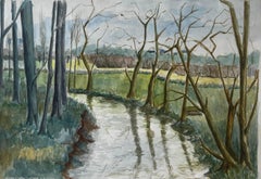 French Riverbank With Trees And Reflections Watercolour Landscape Painting