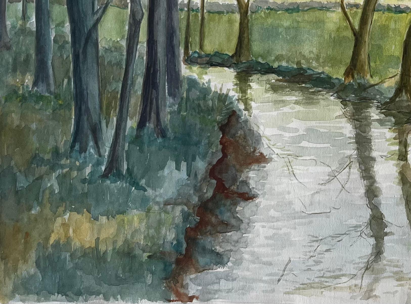 Titre : Peinture aquarelle de paysage avec arbres et reflets sur les berges d'une rivière française
Guy Nicod (français 1923 - 2021) 
Aquarelle sur papier d'artiste, non encadrée
Taille : 16.25 x 20.5 pouces (hauteur x largeur)
Provenance :