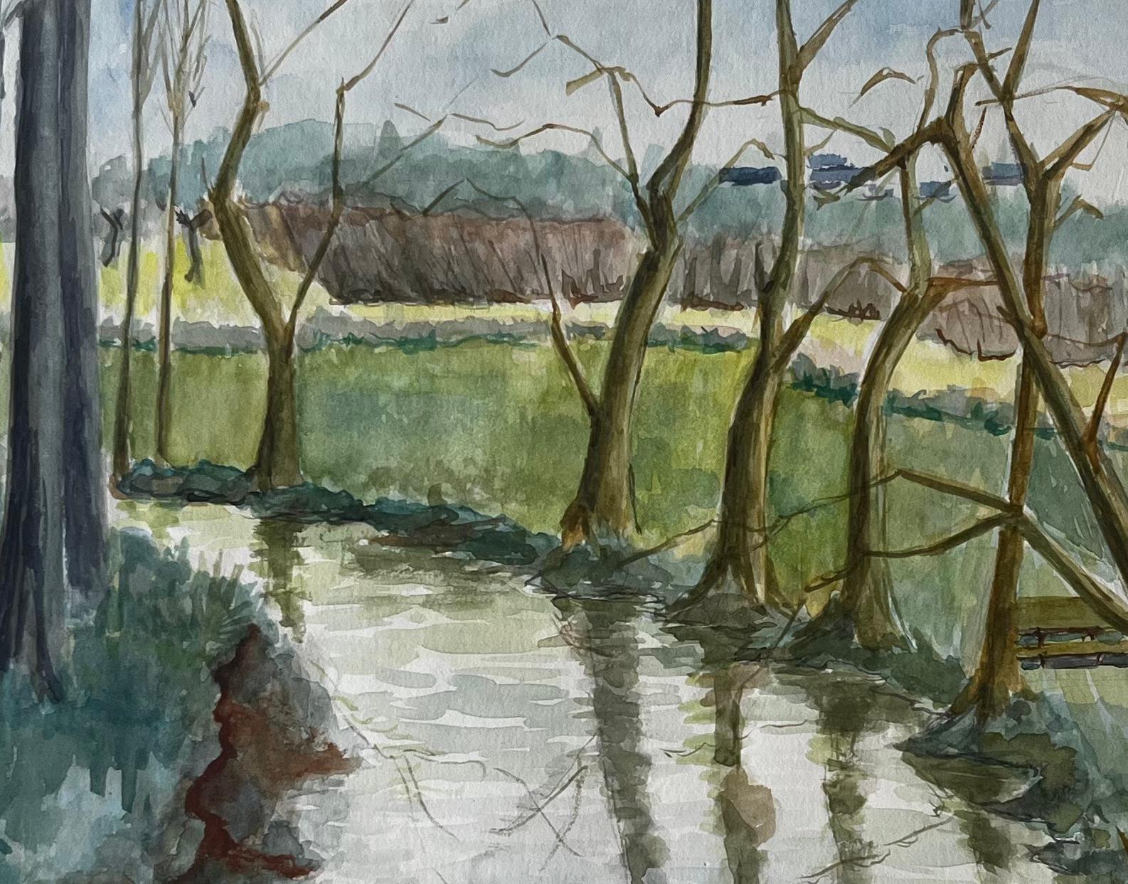 Rives d'une rivière française avec arbres et reflets Peinture de paysage à l'aquarelle en vente 2