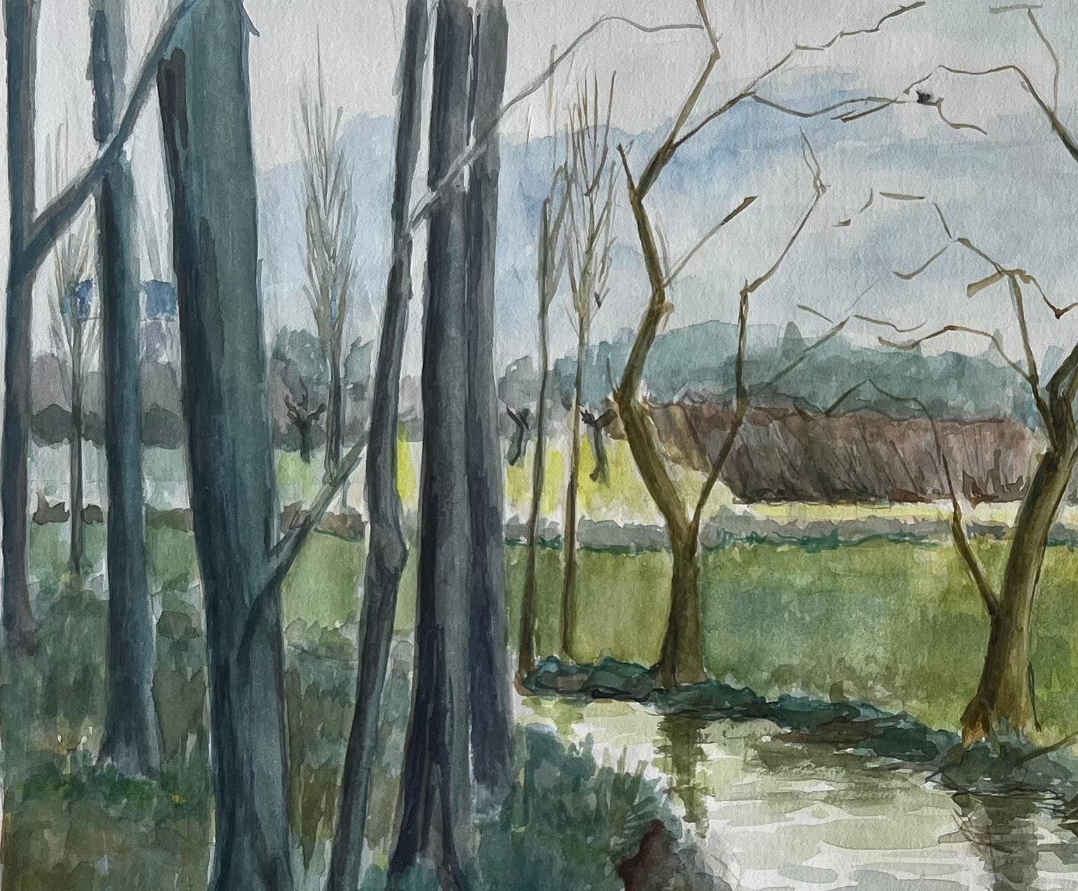 Rives d'une rivière française avec arbres et reflets Peinture de paysage à l'aquarelle en vente 1