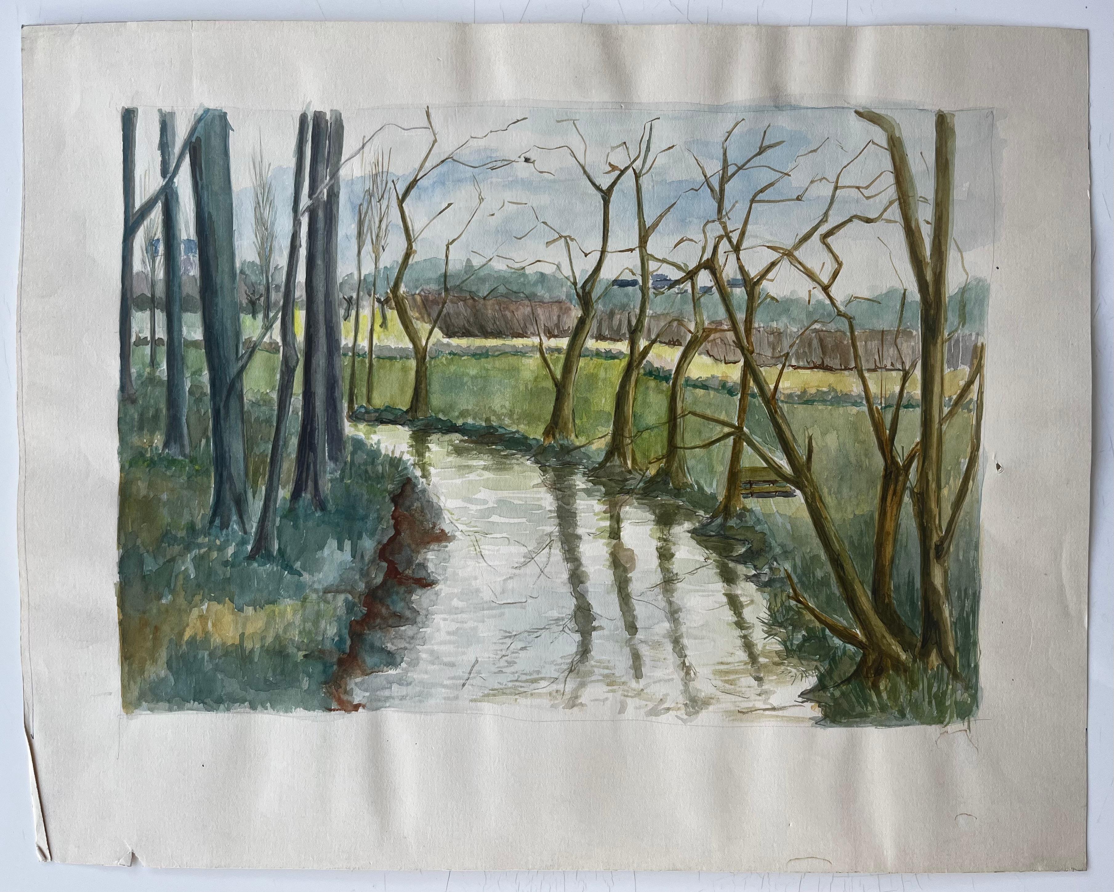 Rives d'une rivière française avec arbres et reflets Peinture de paysage à l'aquarelle - Art de Guy Nicod