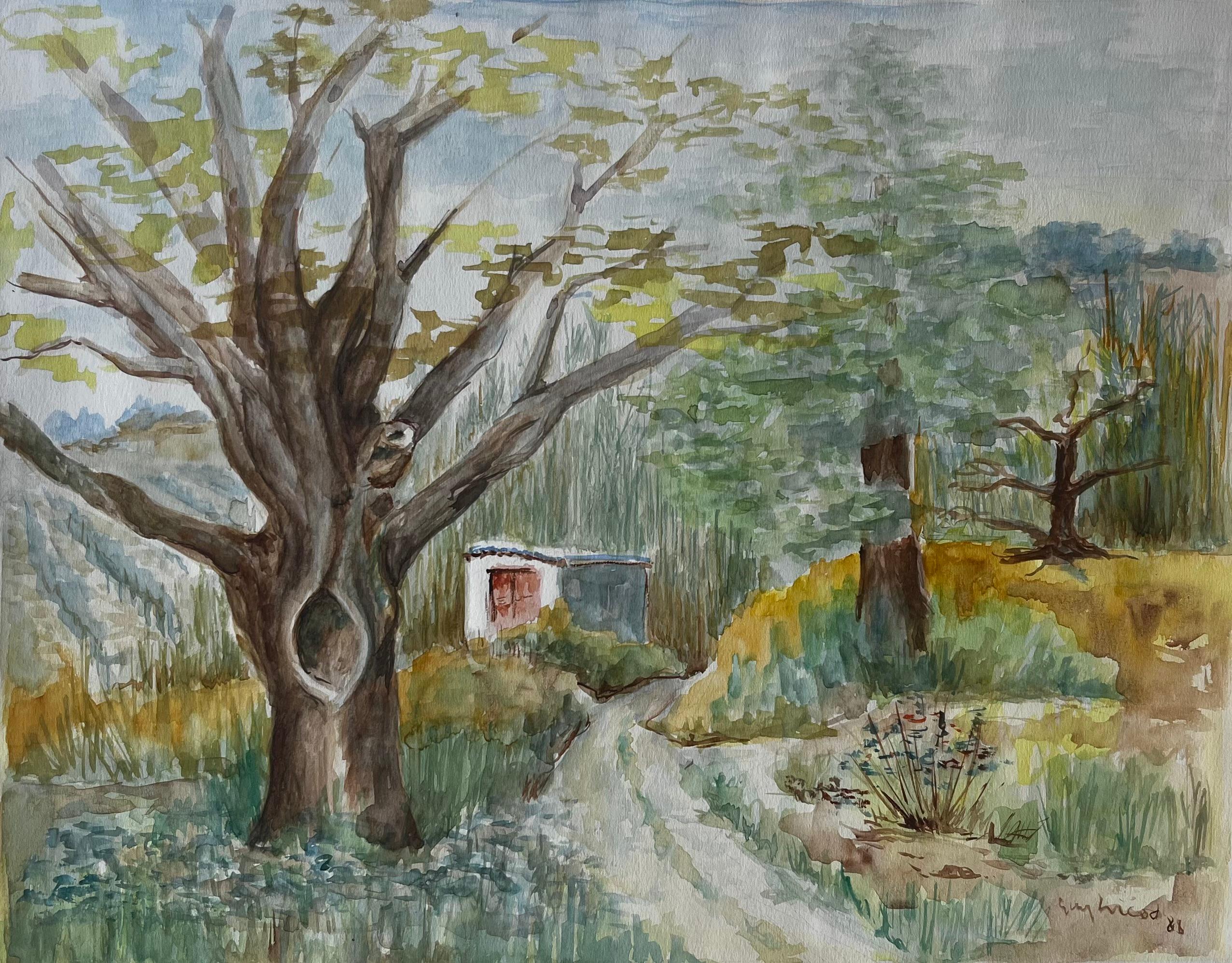 French Countryside Path With Tree And Cottage Watercolour Landscape Painting