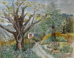 French Countryside Path With Tree And Cottage Watercolour Landscape Painting