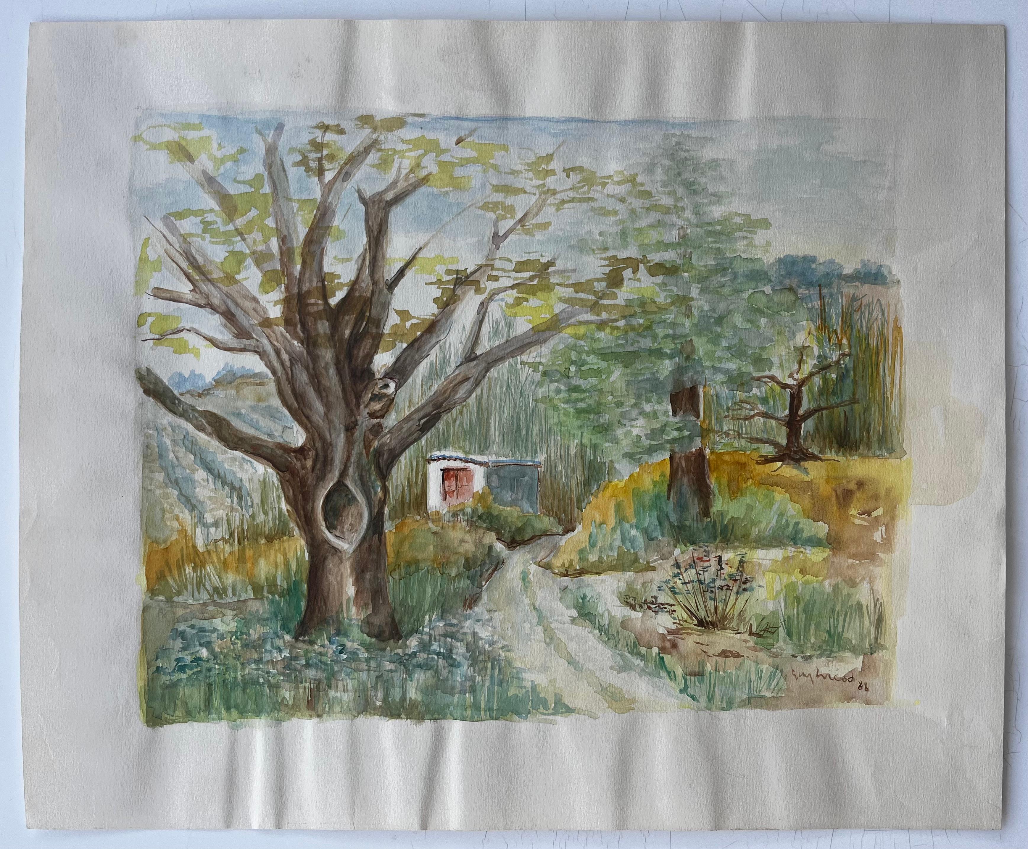 Sentiero di campagna francese con albero e casetta Pittura paesaggistica ad acquerello - Art di Guy Nicod