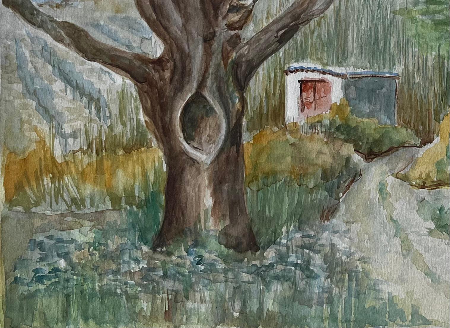 Sentiero di campagna francese con albero e casetta Pittura paesaggistica ad acquerello in vendita 1