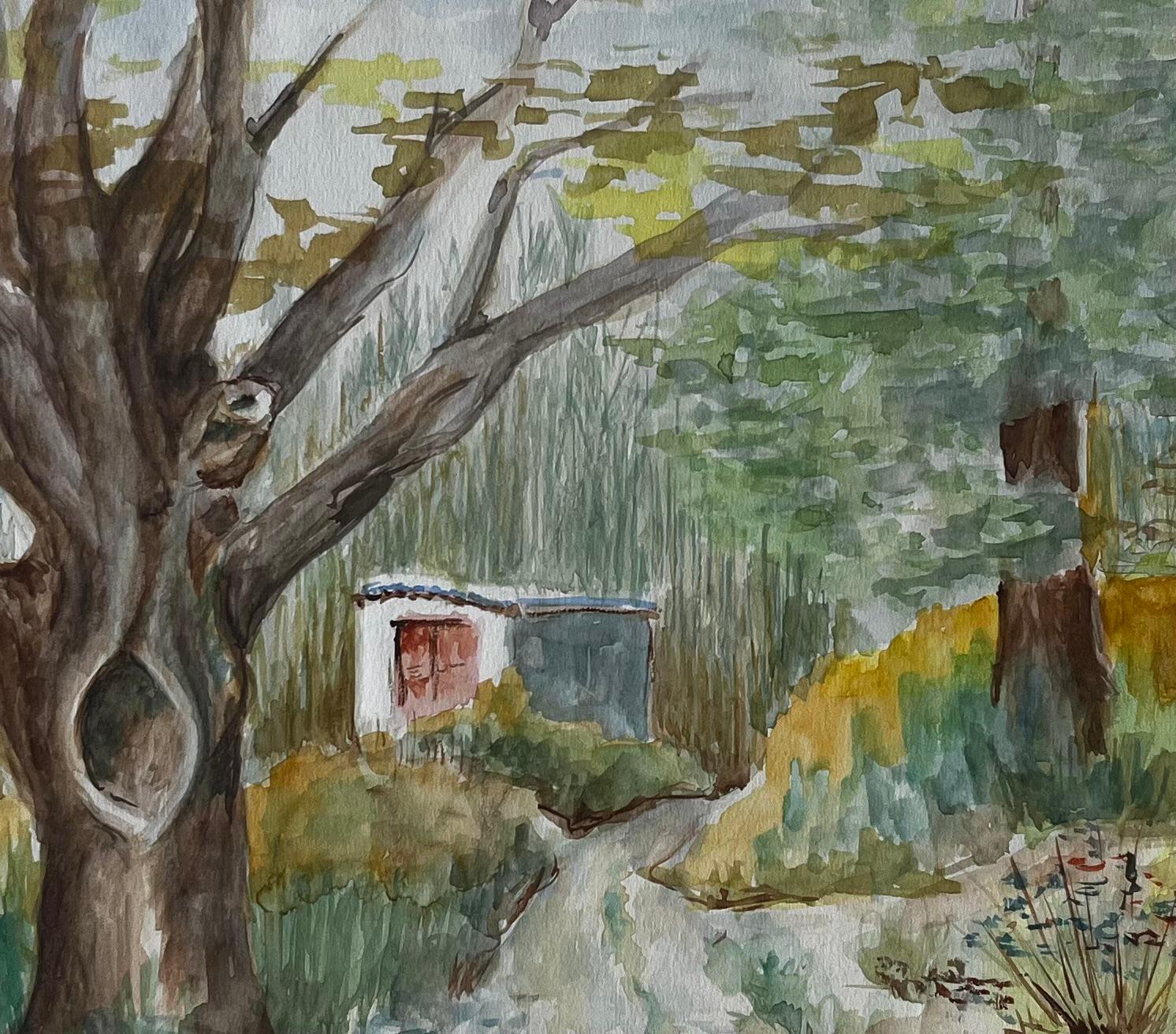 Sentiero di campagna francese con albero e casetta Pittura paesaggistica ad acquerello in vendita 2