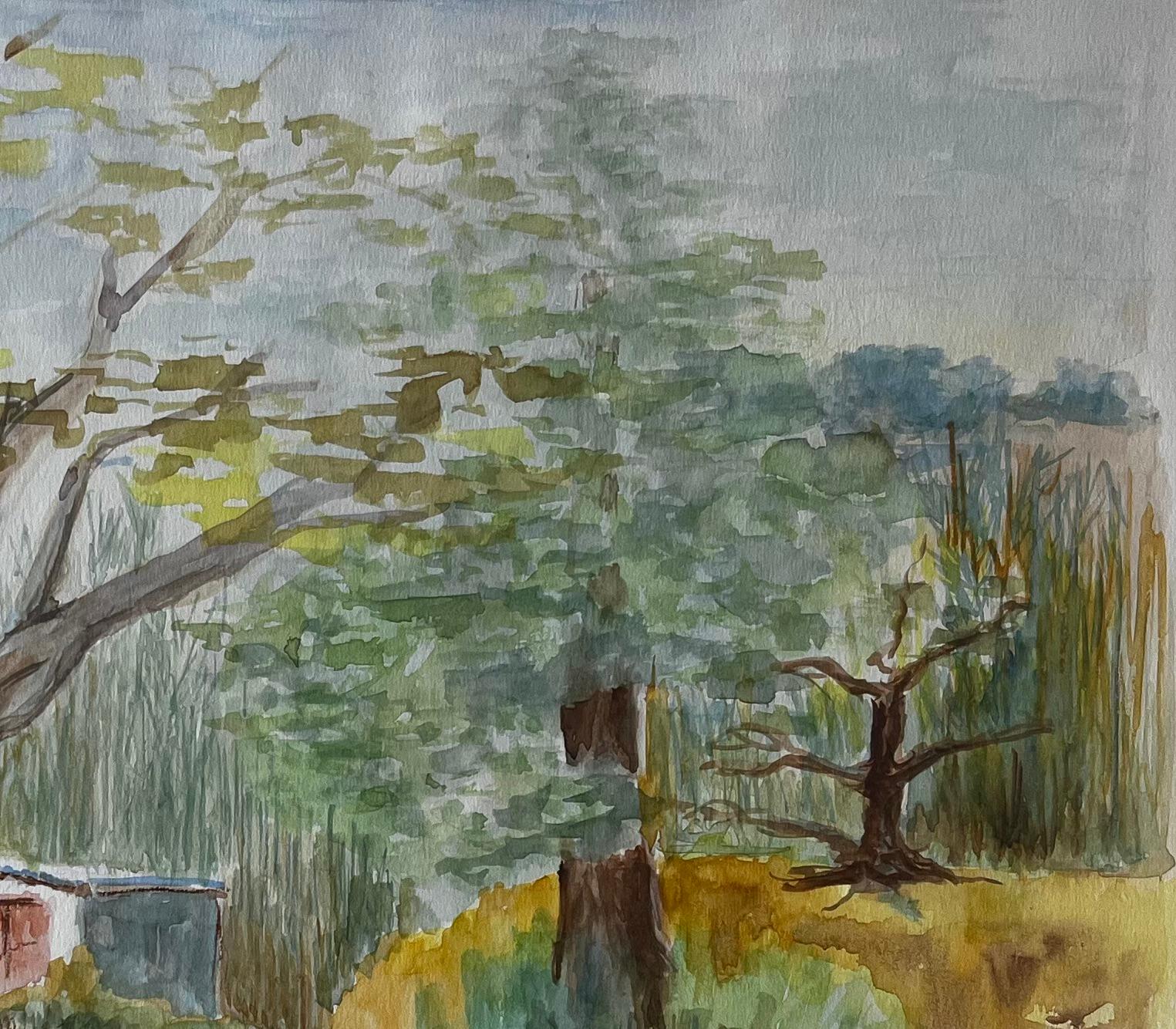 Titolo: Sentiero di campagna francese con albero e casetta Pittura paesaggistica ad acquerello
Guy Nicod (francese, 1923 - 2021) 
Acquerello su carta d'artista, senza cornice
Dimensioni: 15,75 x 19,25 pollici (altezza x larghezza)
Provenienza: