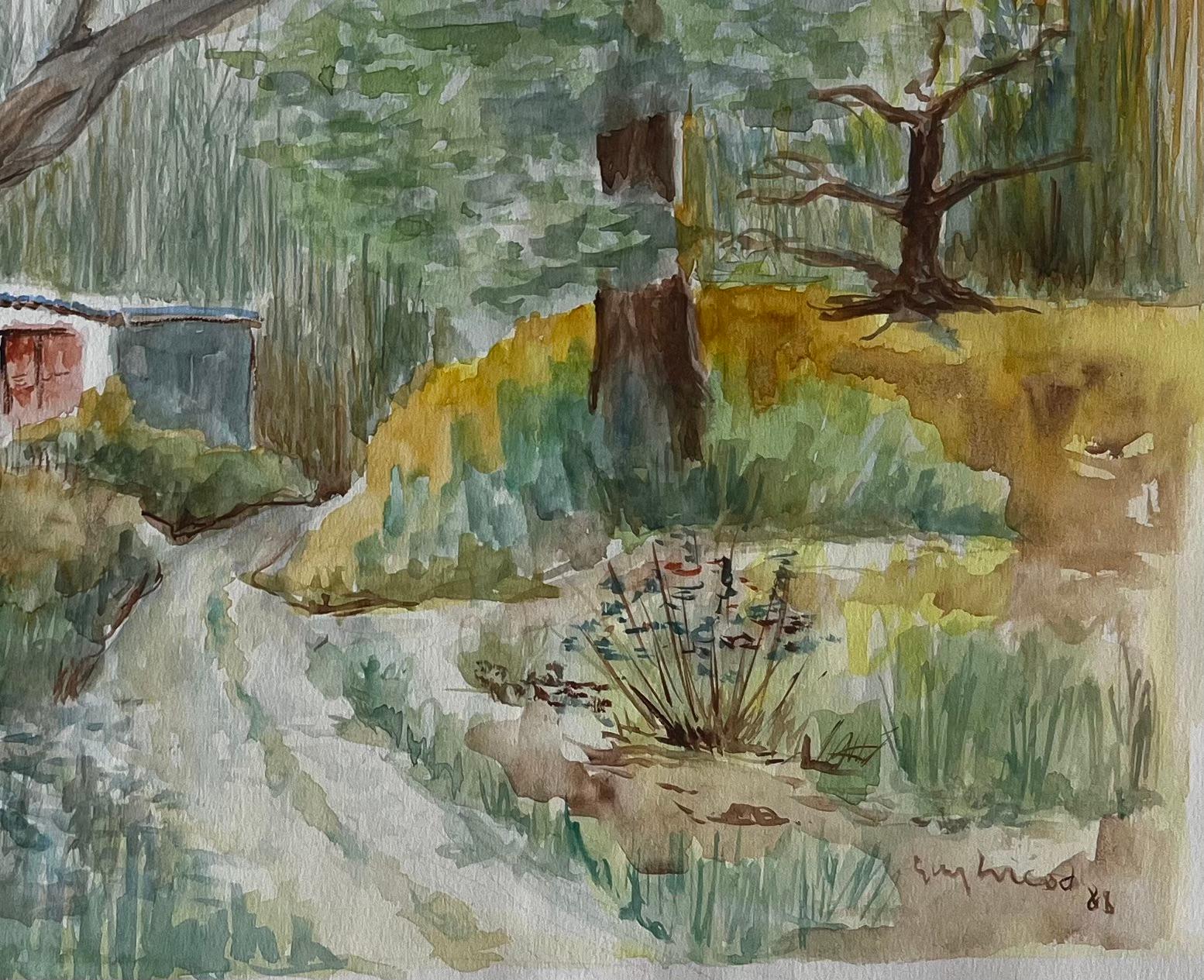 Sentiero di campagna francese con albero e casetta Pittura paesaggistica ad acquerello - Art Moderno di Guy Nicod