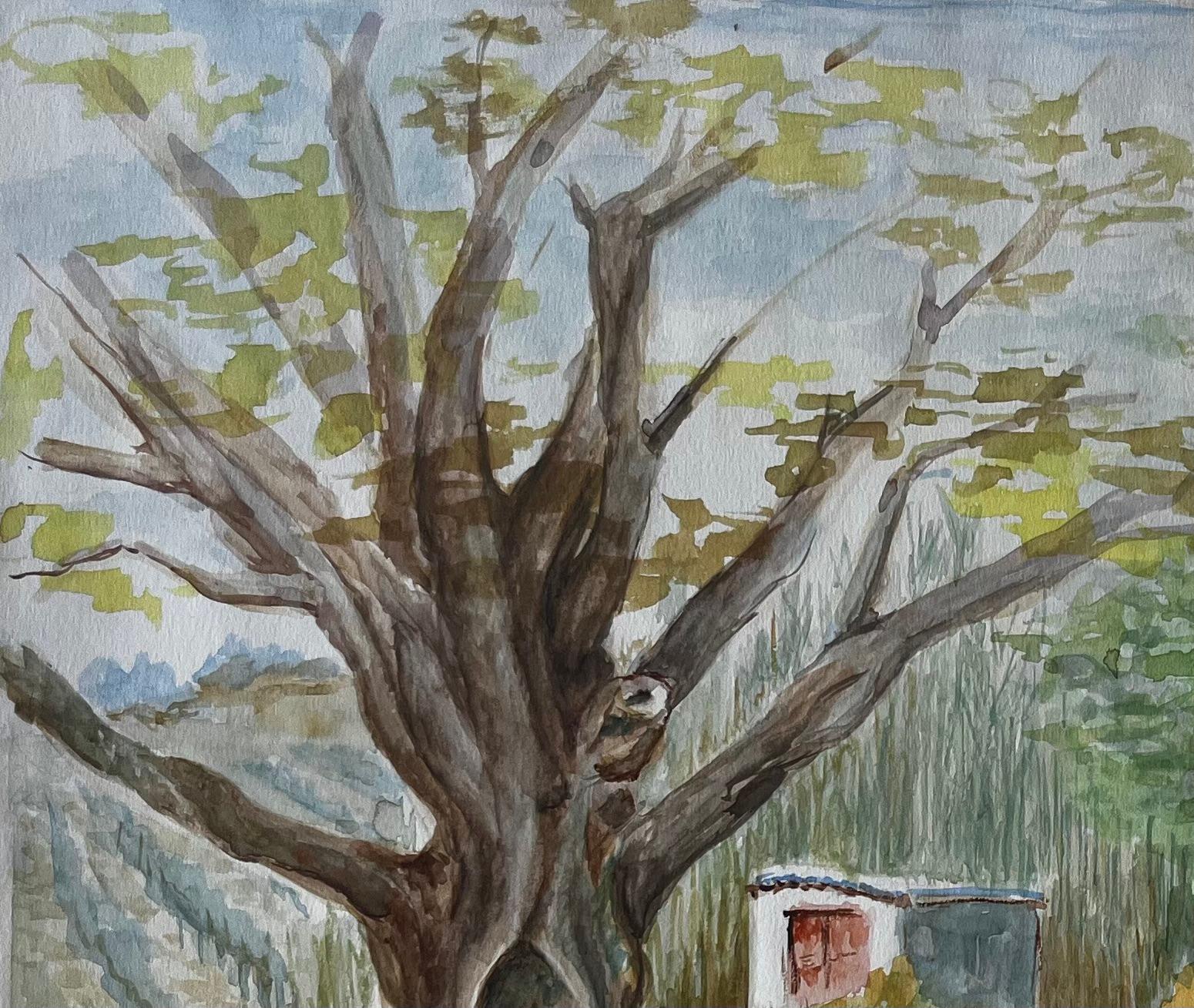 Sentiero di campagna francese con albero e casetta Pittura paesaggistica ad acquerello - Landscape Art Grigio di Guy Nicod