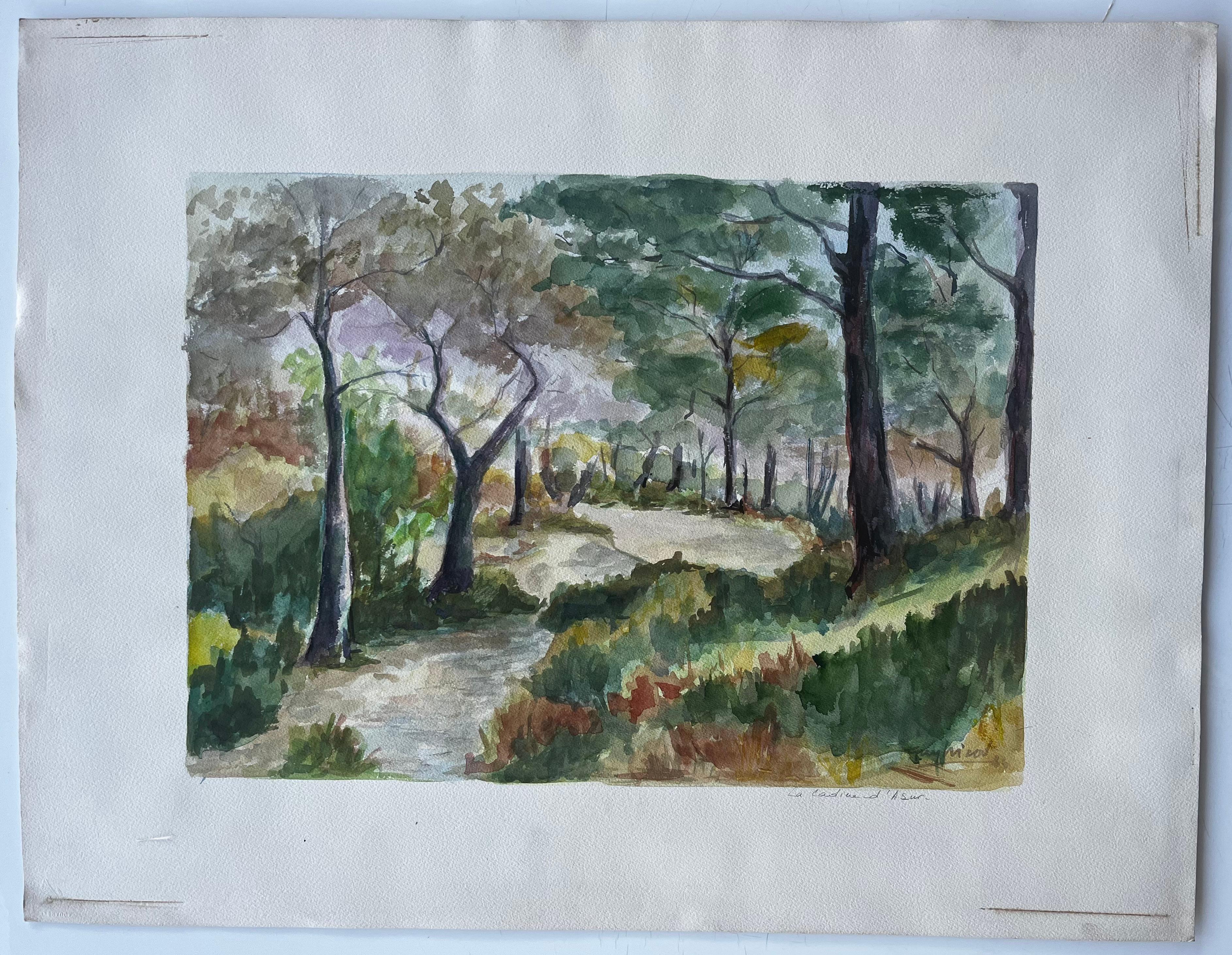 Sentiero nel bosco tra i pini Provenza Paesaggio francese Gouache - Art di Guy Nicod