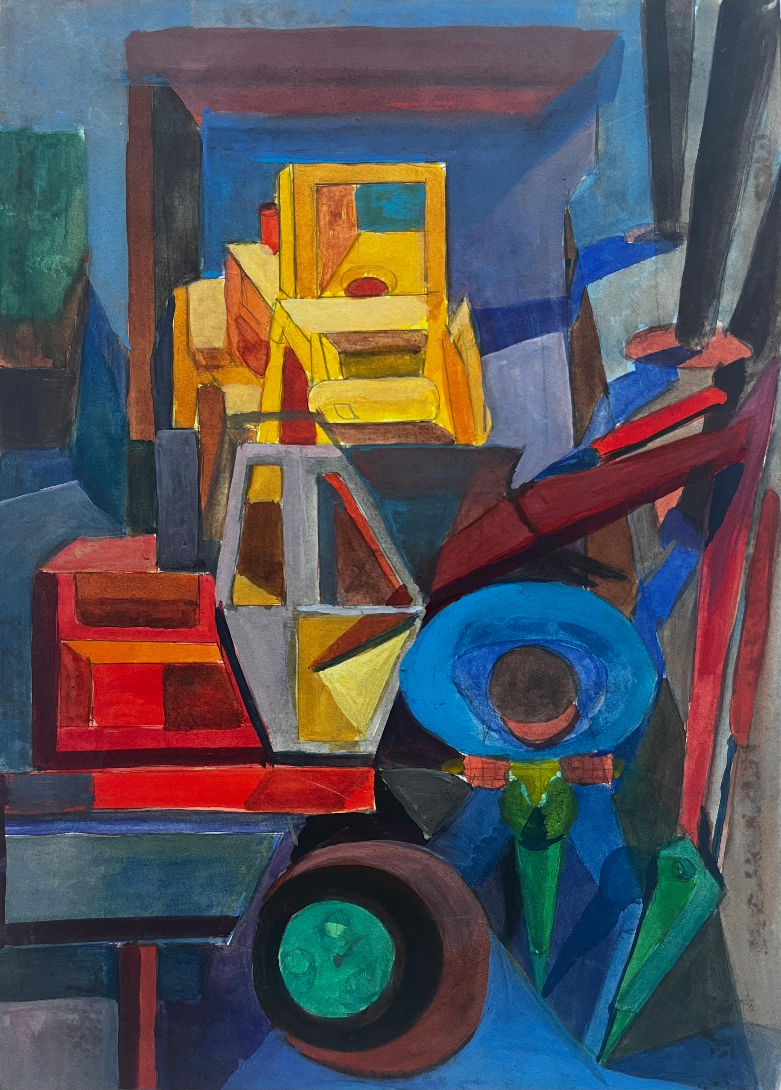 Kubistische abstrakte Komposition Französisch Modernist Gouache Malerei