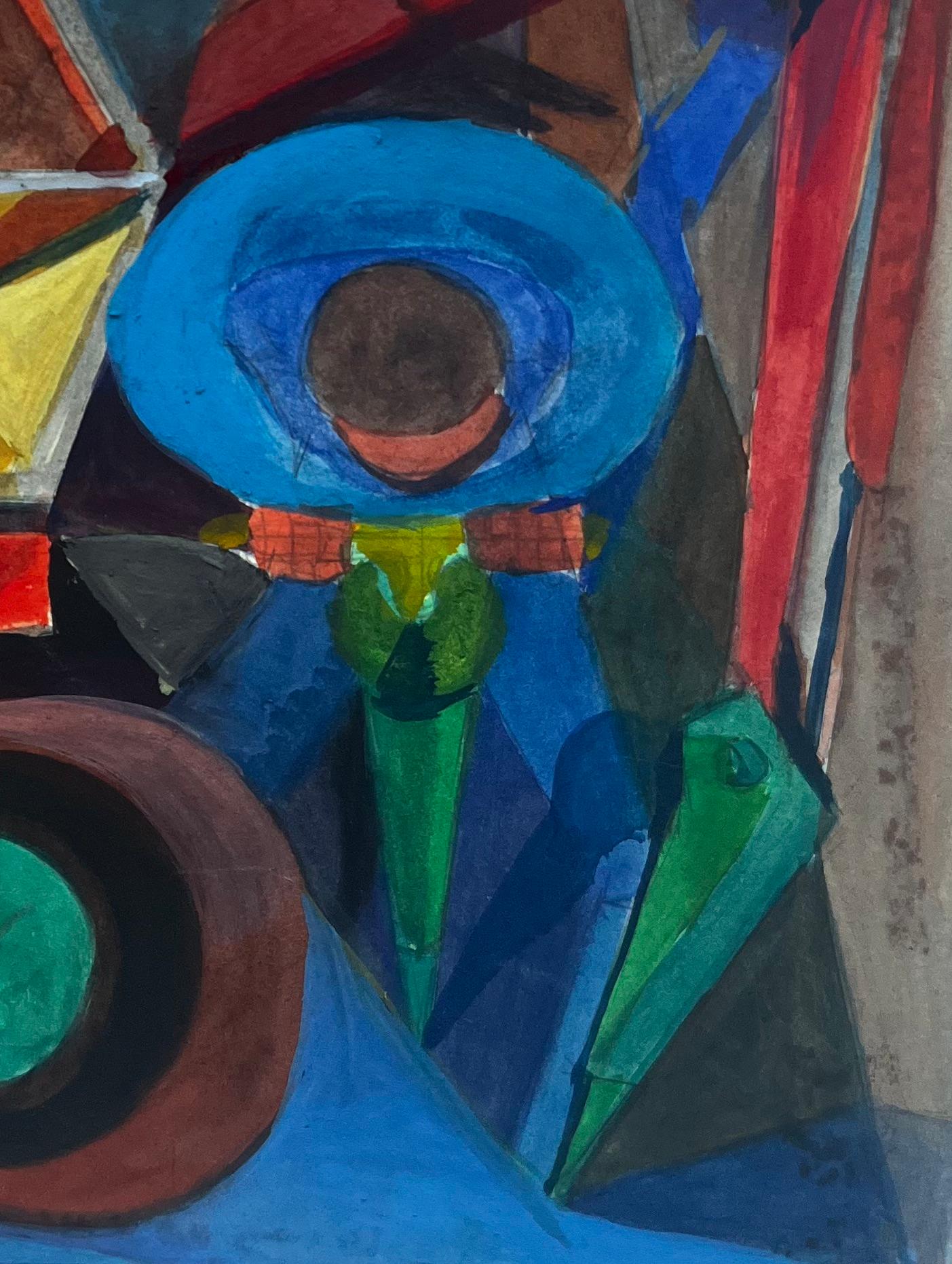 Composition abstraite cubiste Peinture à la gouache moderniste française - Moderne Art par Guy Nicod