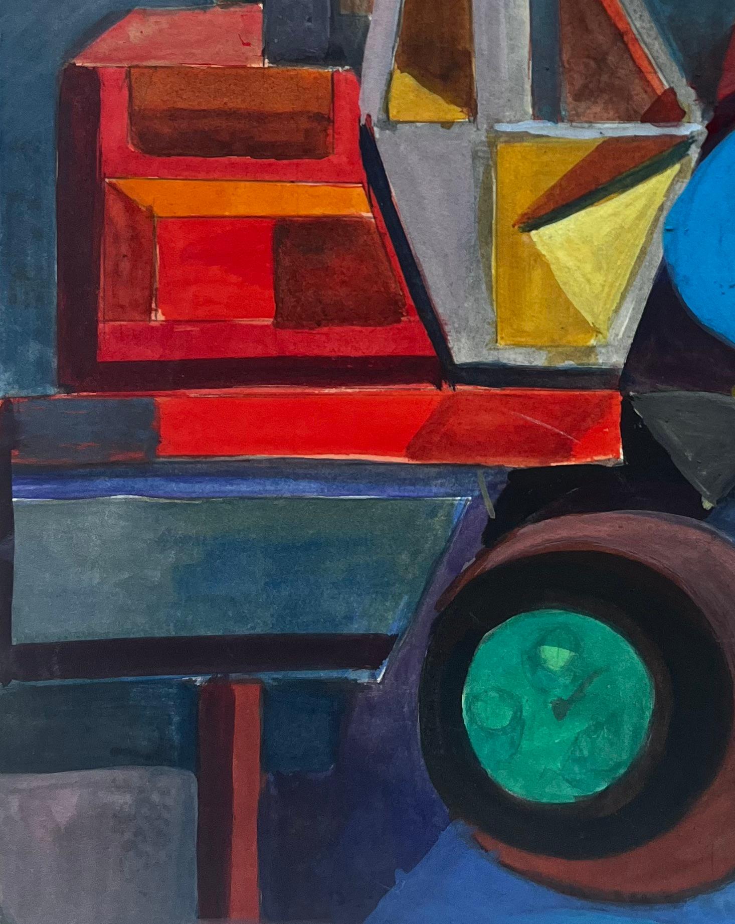 Composition abstraite cubiste Peinture à la gouache moderniste française - Violet Abstract Drawing par Guy Nicod