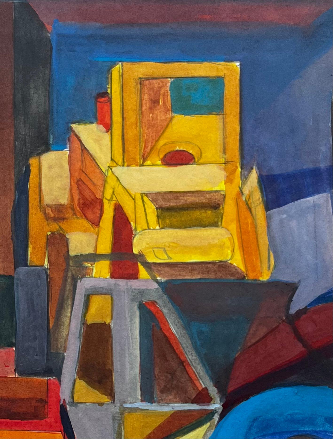 Composition abstraite cubiste Peinture à la gouache moderniste française en vente 2