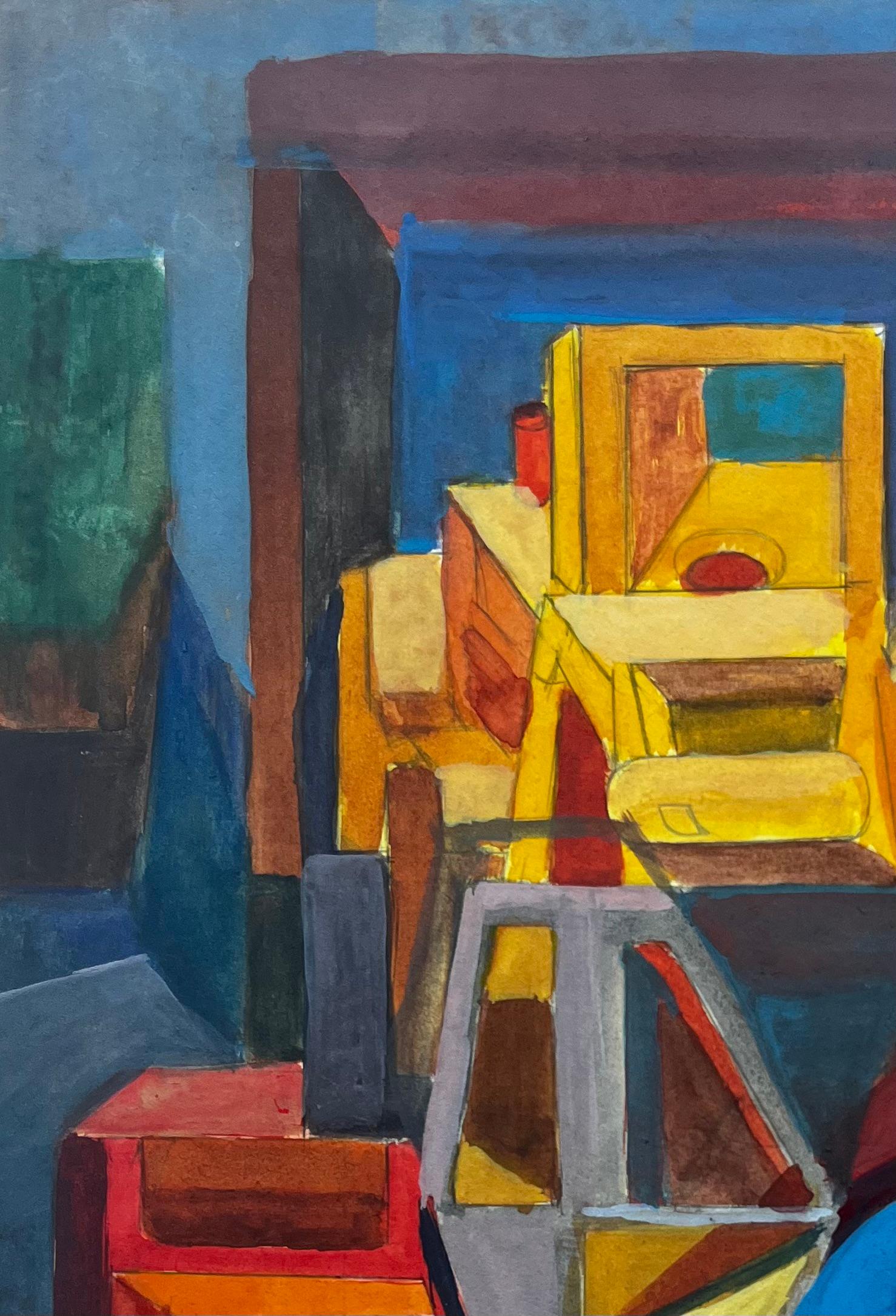 Composition abstraite cubiste Peinture à la gouache moderniste française en vente 1