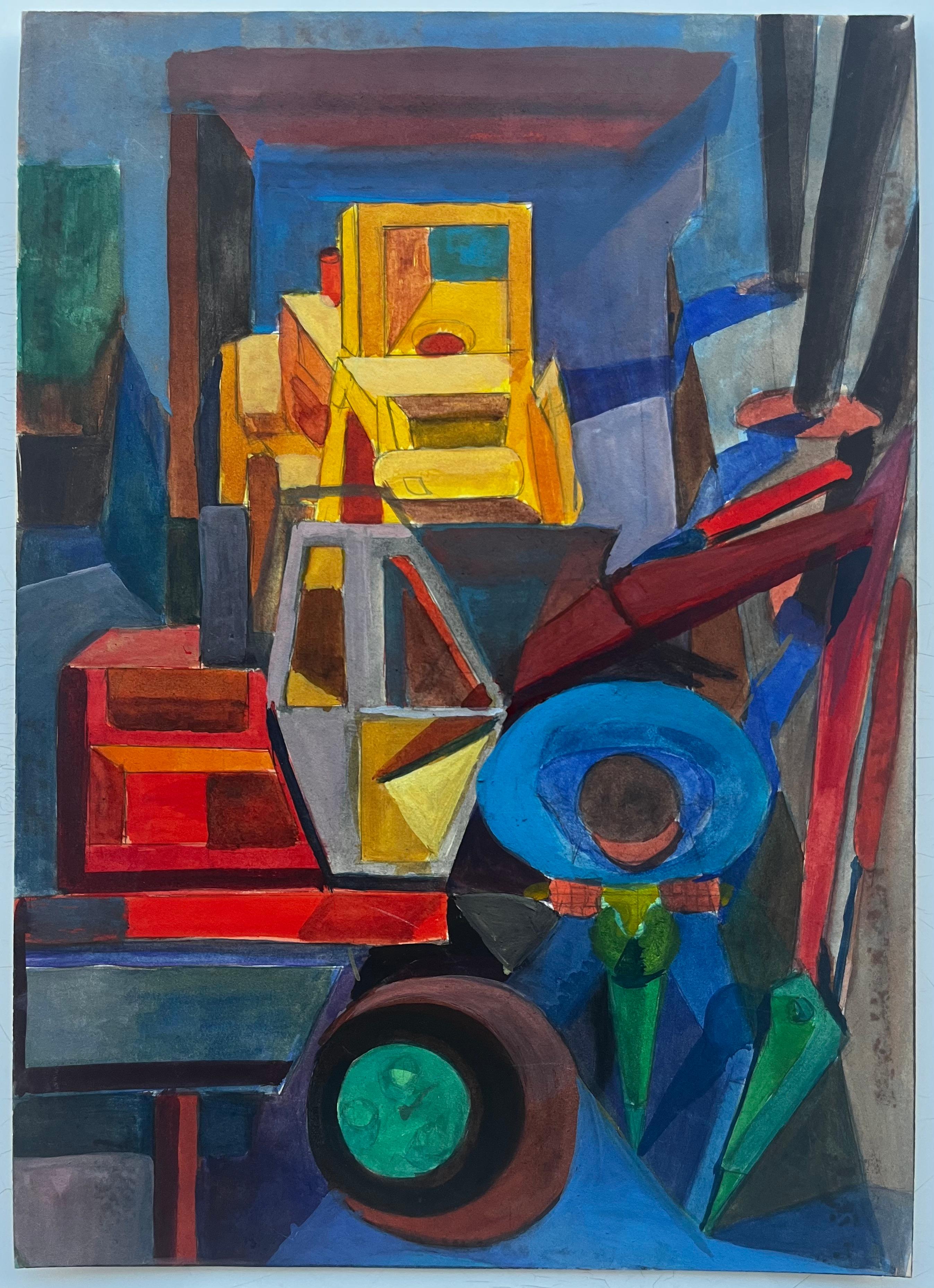 Composition abstraite cubiste Peinture à la gouache moderniste française - Art de Guy Nicod