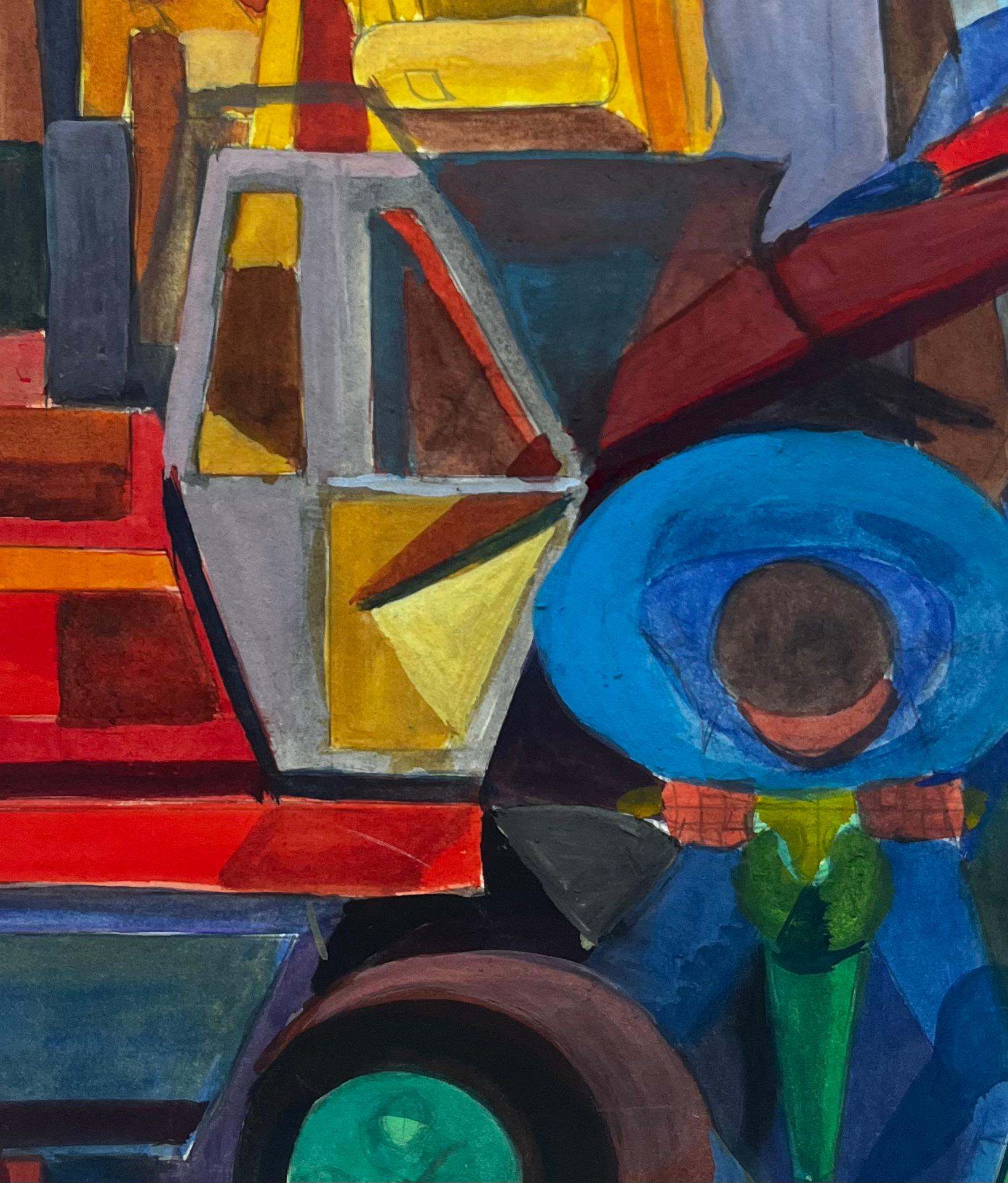 Composition abstraite cubiste Peinture à la gouache moderniste française en vente 3