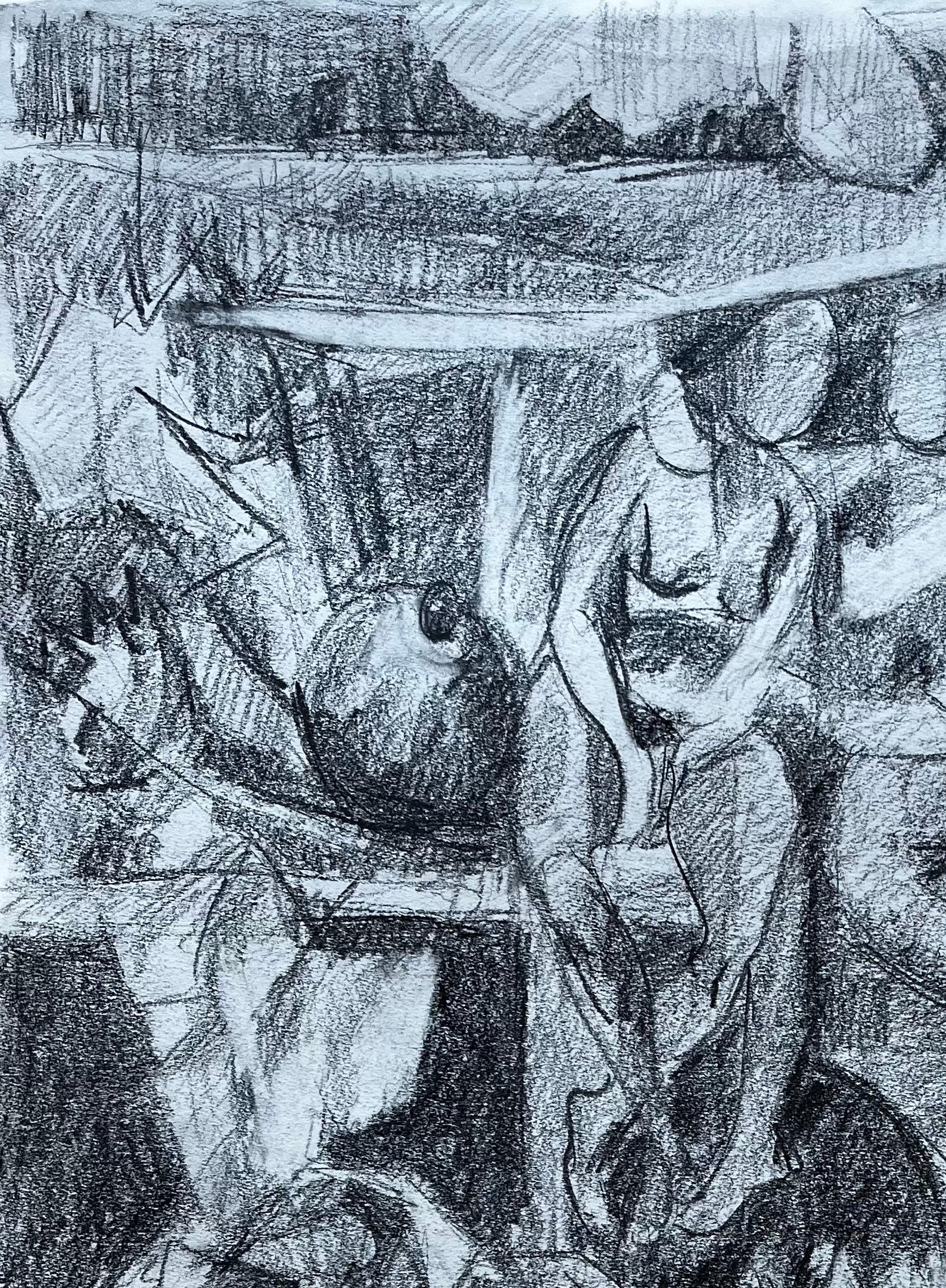 Étude figurative moderniste avec figures assises Dessin au fusain français - Moderne Art par Guy Nicod