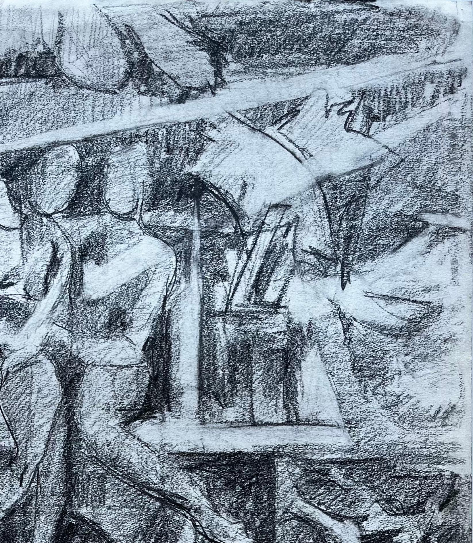 Étude figurative moderniste avec figures assises Dessin au fusain français - Gris Abstract Drawing par Guy Nicod