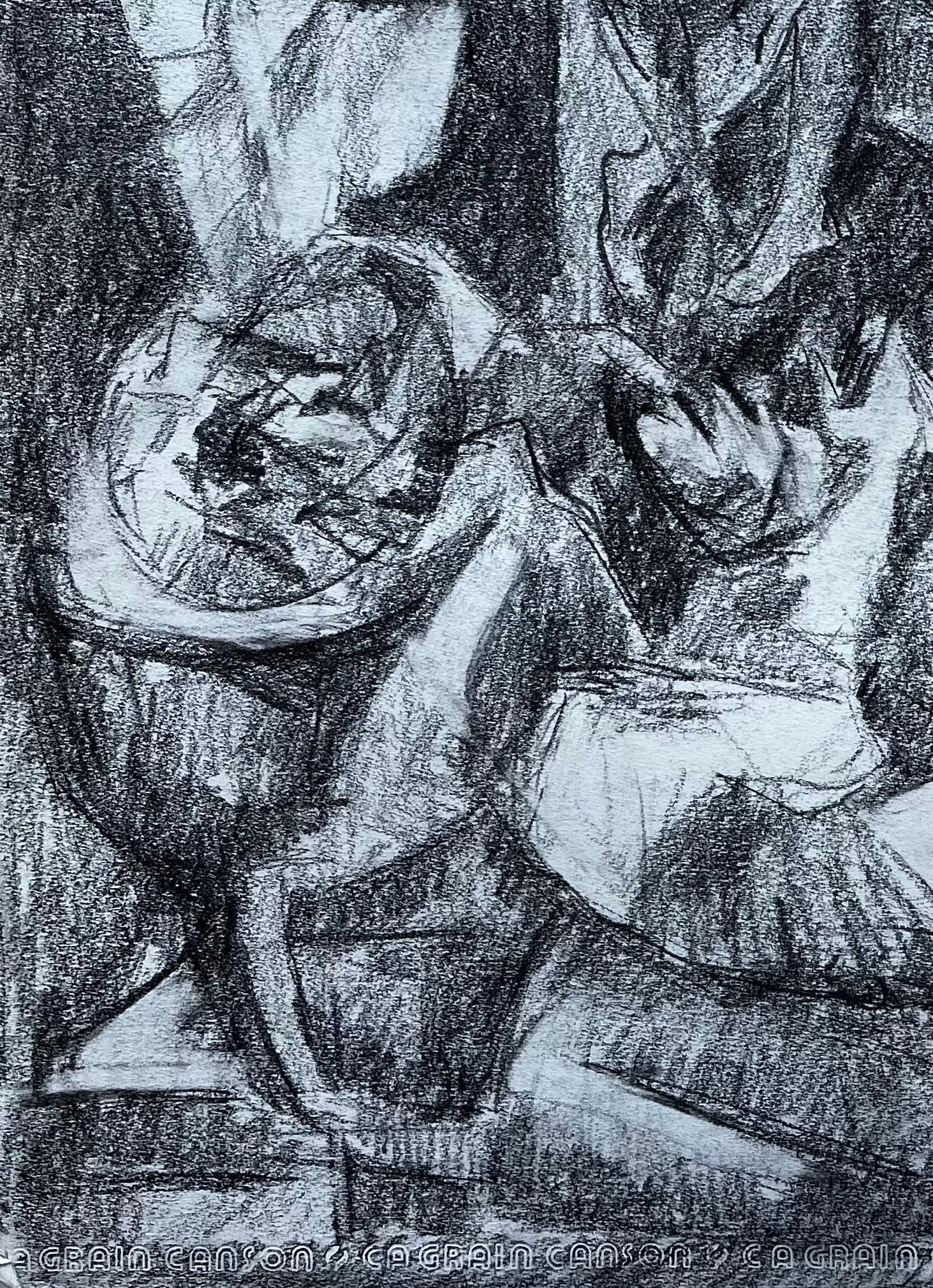 Étude figurative moderniste avec figures assises Dessin au fusain français en vente 1