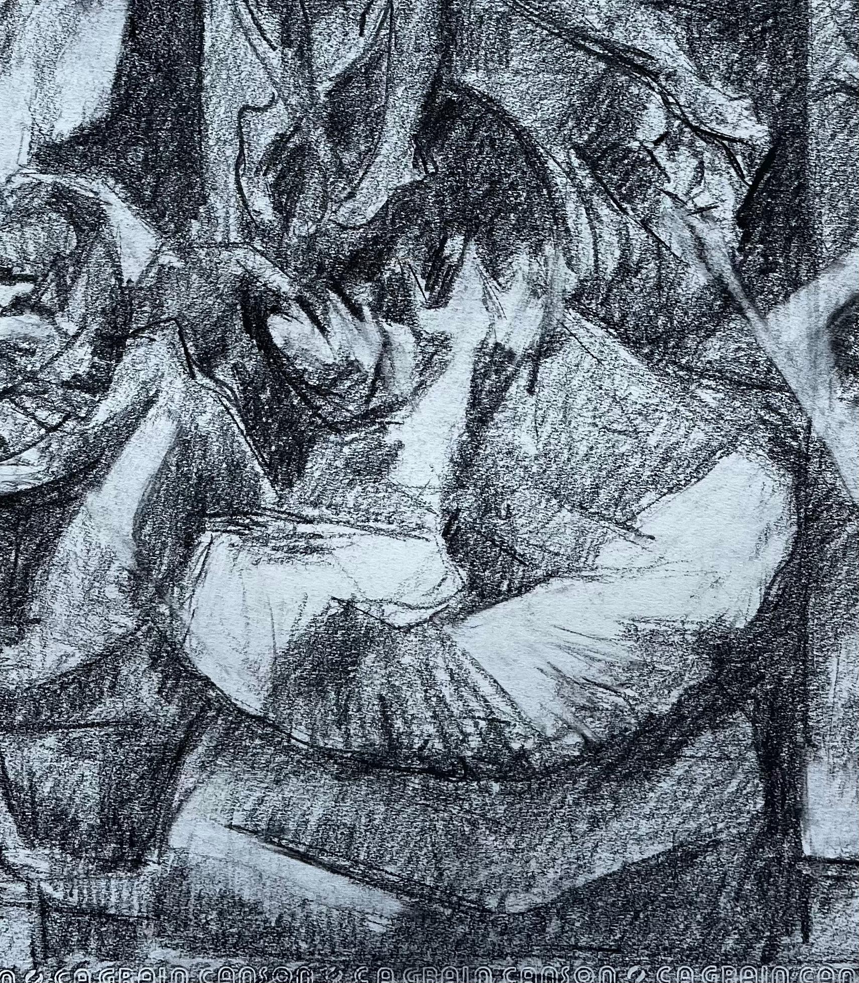 Étude figurative moderniste avec figures assises Dessin au fusain français en vente 2